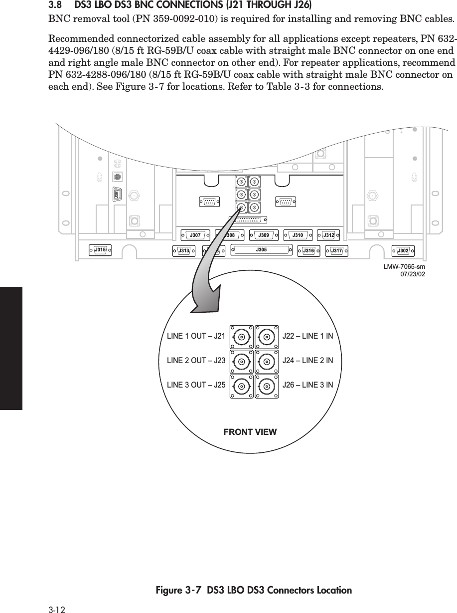  3-12 3.8 DS3 LBO DS3 BNC CONNECTIONS (J21 THROUGH J26) BNC removal tool (PN 359-0092-010) is required for installing and removing BNC cables.Recommended connectorized cable assembly for all applications except repeaters, PN 632-4429-096/180 (8/15 ft RG-59B/U coax cable with straight male BNC connector on one end and right angle male BNC connector on other end). For repeater applications, recommend PN 632-4288-096/180 (8/15 ft RG-59B/U coax cable with straight male BNC connector on each end). See Figure 3-7 for locations. Refer to Table 3-3 for connections.   Figure 3-7  DS3 LBO DS3 Connectors LocationJ315J301J313J308 J309 J310 J312J318 J305 J316 J317 J302J307LMW-7065-sm07/23/02LINE 1 OUT – J21LINE 2 OUT – J23LINE 3 OUT – J25J22 – LINE 1 INJ24 – LINE 2 INJ26 – LINE 3 INFRONT VIEW