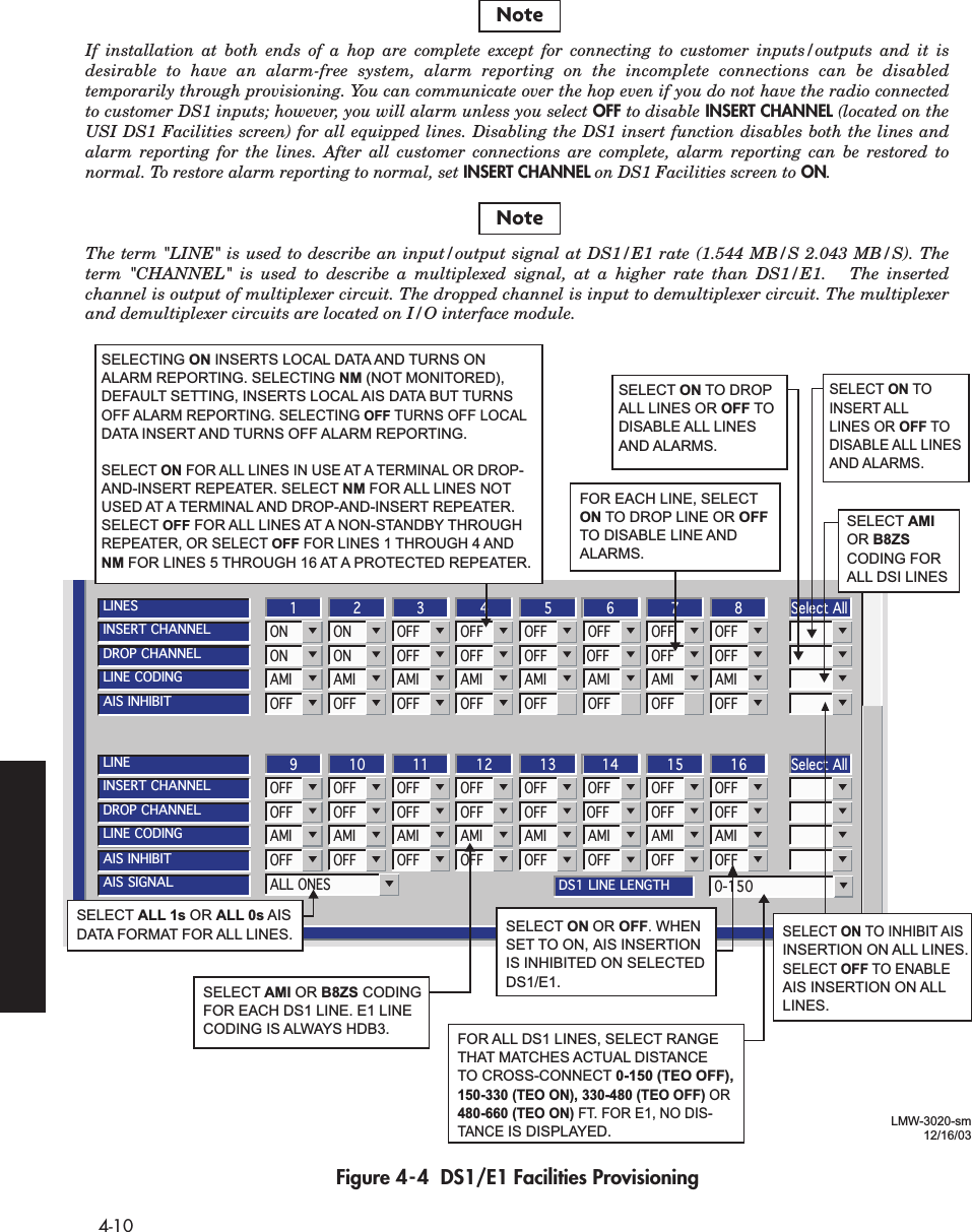  4-10 Figure 4-4  DS1/E1 Facilities ProvisioningLMW-3020-sm12/16/03DS1 LINE LENGTHLINESINSERT CHANNELDROP CHANNELLINE CODING31 2 4ONONAMIONONAMIOFFOFFAMIOFFOFFAMI75 6OFFOFFAMIOFFOFFAMIOFFOFFAMI8OFFOFFAMISelect AllAIS INHIBITOFF OFF OFF OFF OFF OFF OFF OFFLINEINSERT CHANNELDROP CHANNELLINE CODING119 10 12OFFOFFAMIOFFOFFAMIOFFOFFAMIOFFOFFAMI1513 14OFFOFFAMIOFFOFFAMIOFFOFFAMI16OFFOFFAMISelect AllAIS INHIBITOFF OFF OFF OFF OFF OFF OFF OFFAIS SIGNALALL ONES0-150SELECT ALL 1s OR ALL 0s AIS DATA FORMAT FOR ALL LINES. SELECT ON OR OFF. WHEN SET TO ON, AIS INSERTION IS INHIBITED ON SELECTED DS1/E1.SELECT AMI OR B8ZS CODING FOR EACH DS1 LINE. E1 LINECODING IS ALWAYS HDB3.FOR EACH LINE, SELECT ON TO DROP LINE OR OFF TO DISABLE LINE AND ALARMS.SELECT ON TO DROP ALL LINES OR OFF TO DISABLE ALL LINES AND ALARMS. SELECTING ON INSERTS LOCAL DATA AND TURNS ON ALARM REPORTING. SELECTING NM (NOT MONITORED), DEFAULT SETTING, INSERTS LOCAL AIS DATA BUT TURNS OFF ALARM REPORTING. SELECTING OFF TURNS OFF LOCAL DATA INSERT AND TURNS OFF ALARM REPORTING. SELECT ON FOR ALL LINES IN USE AT A TERMINAL OR DROP-AND-INSERT REPEATER. SELECT NM FOR ALL LINES NOT USED AT A TERMINAL AND DROP-AND-INSERT REPEATER.SELECT OFF FOR ALL LINES AT A NON-STANDBY THROUGH REPEATER, OR SELECT OFF FOR LINES 1 THROUGH 4 AND NM FOR LINES 5 THROUGH 16 AT A PROTECTED REPEATER.SELECT ON TO INSERT ALL LINES OR OFF TO DISABLE ALL LINES AND ALARMS.SELECT ON TO INHIBIT AIS INSERTION ON ALL LINES.SELECT OFF TO ENABLE AIS INSERTION ON ALL LINES.SELECT AMI OR B8ZS CODING FOR ALL DSI LINESFOR ALL DS1 LINES, SELECT RANGE THAT MATCHES ACTUAL DISTANCE TO CROSS-CONNECT 0-150 (TEO OFF), 150-330 (TEO ON), 330-480 (TEO OFF) OR 480-660 (TEO ON) FT. FOR E1, NO DIS-TANCE IS DISPLAYED.NoteThe term &quot;LINE&quot; is used to describe an input/output signal at DS1/E1 rate (1.544 MB/S 2.043 MB/S). The term &quot;CHANNEL&quot; is used to describe a multiplexed signal, at a higher rate than DS1/E1.   The inserted channel is output of multiplexer circuit. The dropped channel is input to demultiplexer circuit. The multiplexer  and demultiplexer circuits are located on I/O interface module.NoteIf installation at both ends of a hop are complete except for connecting to customer inputs/outputs and it is desirable to have an alarm-free system, alarm reporting on the incomplete connections can be disabled temporarily through provisioning. You can communicate over the hop even if you do not have the radio connected to customer DS1 inputs; however, you will alarm unless you select OFF to disable INSERT CHANNEL (located on the USI DS1 Facilities screen) for all equipped lines. Disabling the DS1 insert function disables both the lines and alarm reporting for the lines. After all customer connections are complete, alarm reporting can be restored to normal. To restore alarm reporting to normal, set INSERT CHANNEL on DS1 Facilities screen to ON.