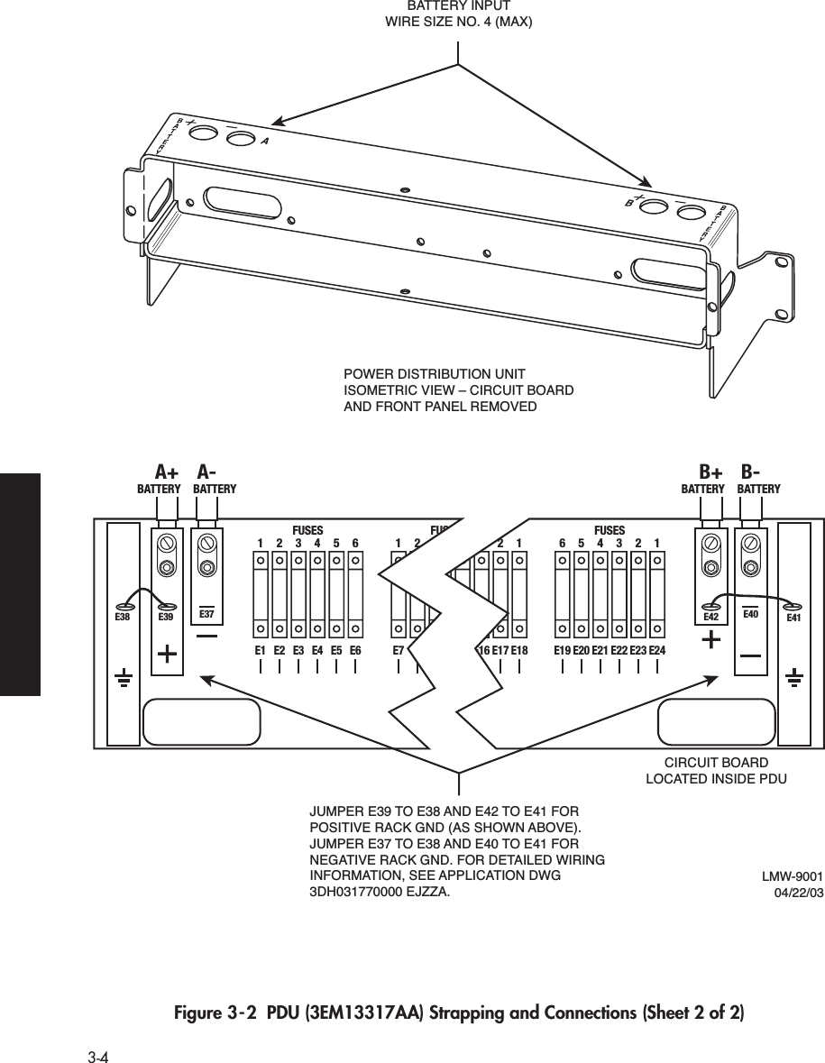  3-4 Figure 3-2  PDU (3EM13317AA) Strapping and Connections (Sheet 2 of 2)6E195E204E213E222E231E24FUSES1E12E23E34E45E56E6FUSESBATTERY BATTERY BATTERY BATTERYA+ A- B+ B-LMW-900104/22/03E42 E40 E41E37E39E381E72E23E3FUSES544E153E162E171E18FUSESJUMPER E39 TO E38 AND E42 TO E41 FOR POSITIVE RACK GND (AS SHOWN ABOVE).JUMPER E37 TO E38 AND E40 TO E41 FOR NEGATIVE RACK GND. FOR DETAILED WIRING INFORMATION, SEE APPLICATION DWG 3DH031770000 EJZZA.POWER DISTRIBUTION UNITISOMETRIC VIEW – CIRCUIT BOARDAND FRONT PANEL REMOVEDBATTERY INPUTWIRE SIZE NO. 4 (MAX)CIRCUIT BOARDLOCATED INSIDE PDU