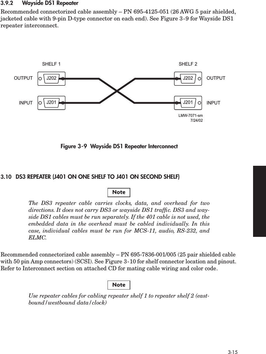  3-15 3.9.2 Wayside DS1 Repeater Recommended connectorized cable assembly – PN 695-4125-051 (26 AWG 5 pair shielded, jacketed cable with 9-pin D-type connector on each end). See Figure 3-9 for Wayside DS1 repeater interconnect. Figure 3-9  Wayside DS1 Repeater Interconnect 3.10 DS3 REPEATER (J401 ON ONE SHELF TO J401 ON SECOND SHELF) The DS3 repeater cable carries clocks, data, and overhead for twodirections. It does not carry DS3 or wayside DS1 trafﬁc. DS3 and way-side DS1 cables must be run separately. If the 401 cable is not used, theembedded data in the overhead must be cabled individually. In thiscase, individual cables must be run for MCS-11, audio, RS-232, andELMC. Recommended connectorized cable assembly – PN 695-7836-001/005 (25 pair shielded cable with 50 pin Amp connectors) (SCSI). See Figure 3-10 for shelf connector location and pinout. Refer to Interconnect section on attached CD for mating cable wiring and color code. Use repeater cables for cabling repeater shelf 1 to repeater shelf 2 (east-bound/westbound data/clock)SHELF 1OUTPUTINPUTLMW-7071-sm7/24/02OUTPUTINPUTSHELF 2J201J202 J202J201NoteNote