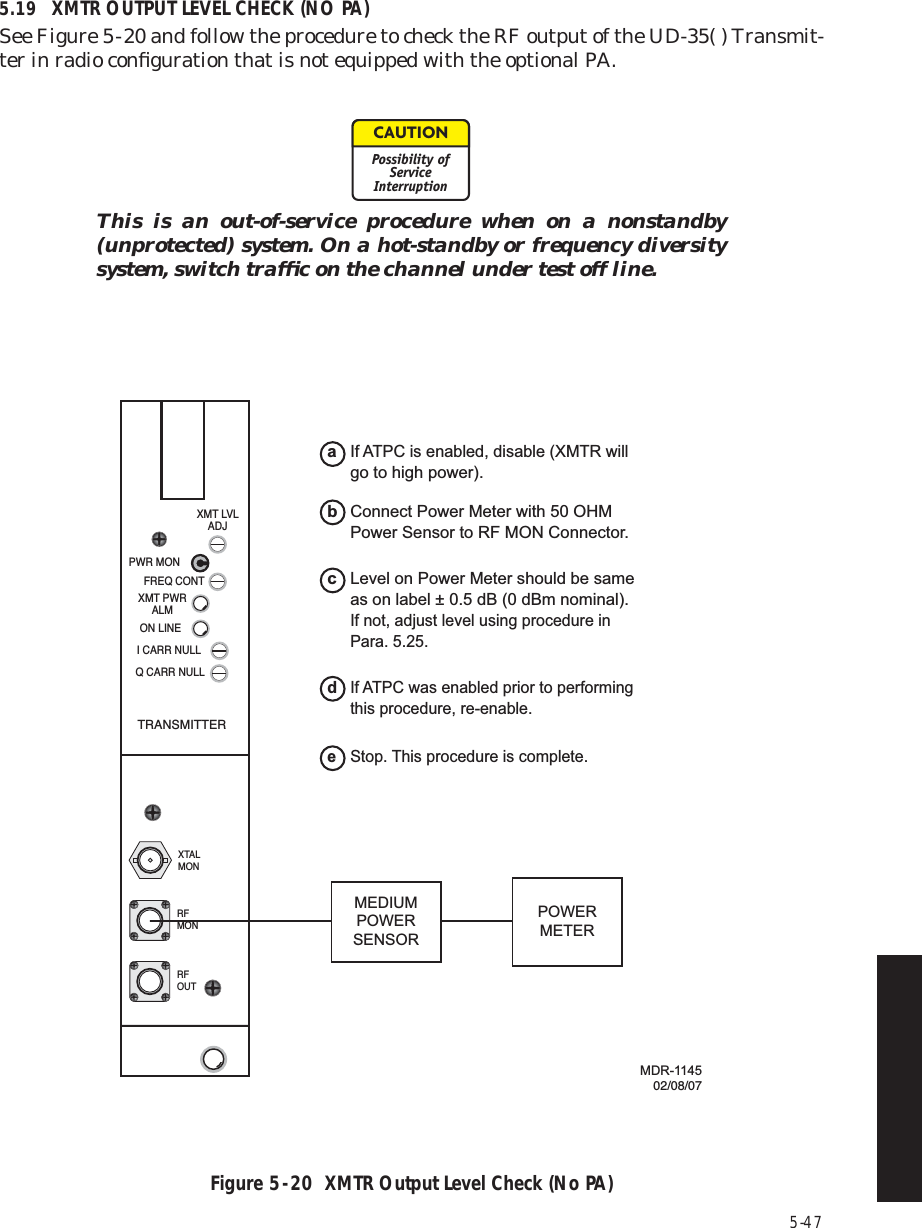 5-475.19 XMTR OUTPUT LEVEL CHECK (NO PA)See Figure 5  -  20 and follow the procedure to check the RF output of the UD-35( ) Transmit-ter in radio conﬁguration that is not equipped with the optional PA.This is an out-of-service procedure when on a nonstandby (unprotected) system. On a hot-standby or frequency diversity system, switch trafﬁc on the channel under test off line.Figure 5  -  20  XMTR Output Level Check (No PA)CAUTIONPossibility ofServiceInterruptionMDR-114502/08/07d  If ATPC was enabled prior to performing   this procedure, re-enable.e  Stop. This procedure is complete.b  Connect Power Meter with 50 OHM  Power Sensor to RF MON Connector.a If ATPC is enabled, disable (XMTR will   go to high power).c Level on Power Meter should be same   as on label ± 0.5 dB (0 dBm nominal).   If not, adjust level using procedure in  Para. 5.25.PWR MONXMT PWRALMON LINEI CARR NULLXMT LVLADJFREQ CONTQ CARR NULLTRANSMITTERRFOUTXTALMONRFMONMEDIUMPOWERSENSORPOWERMETER