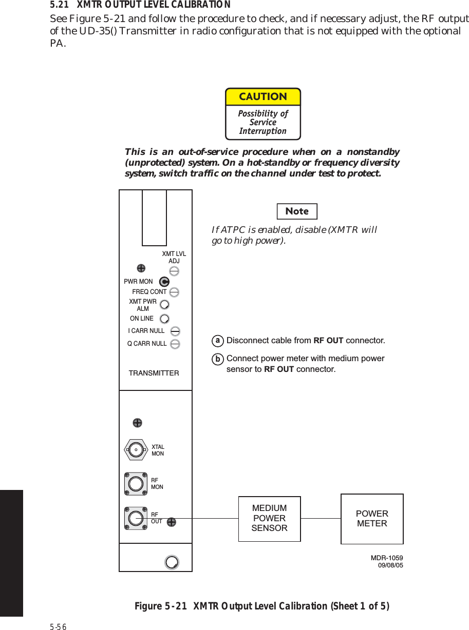 5-565.21 XMTR OUTPUT LEVEL CALIBRATIONSee Figure 5  -  21 and follow the procedure to check, and if necessary adjust, the RF output of the UD-35() Transmitter in radio conﬁguration that is not equipped with the optional PA. Figure 5  -  21  XMTR Output Level Calibration (Sheet 1 of 5)MDR-105909/08/05PWR MONXMT PWRALMON LINEI CARR NULLXMT LVLADJFREQ CONTQ CARR NULLTRANSMITTERRFOUTXTALMONRFMONMEDIUM POWERSENSORPOWERMETERDisconnect cable from RF OUT connector.aConnect power meter with medium power sensor to RF OUT connector.bNoteIf ATPC is enabled, disable (XMTR will go to high power).CAUTIONPossibility ofServiceInterruptionThis is an out-of-service procedure when on a nonstandby (unprotected) system. On a hot-standby or frequency diversity system, switch traffic on the channel under test to protect.