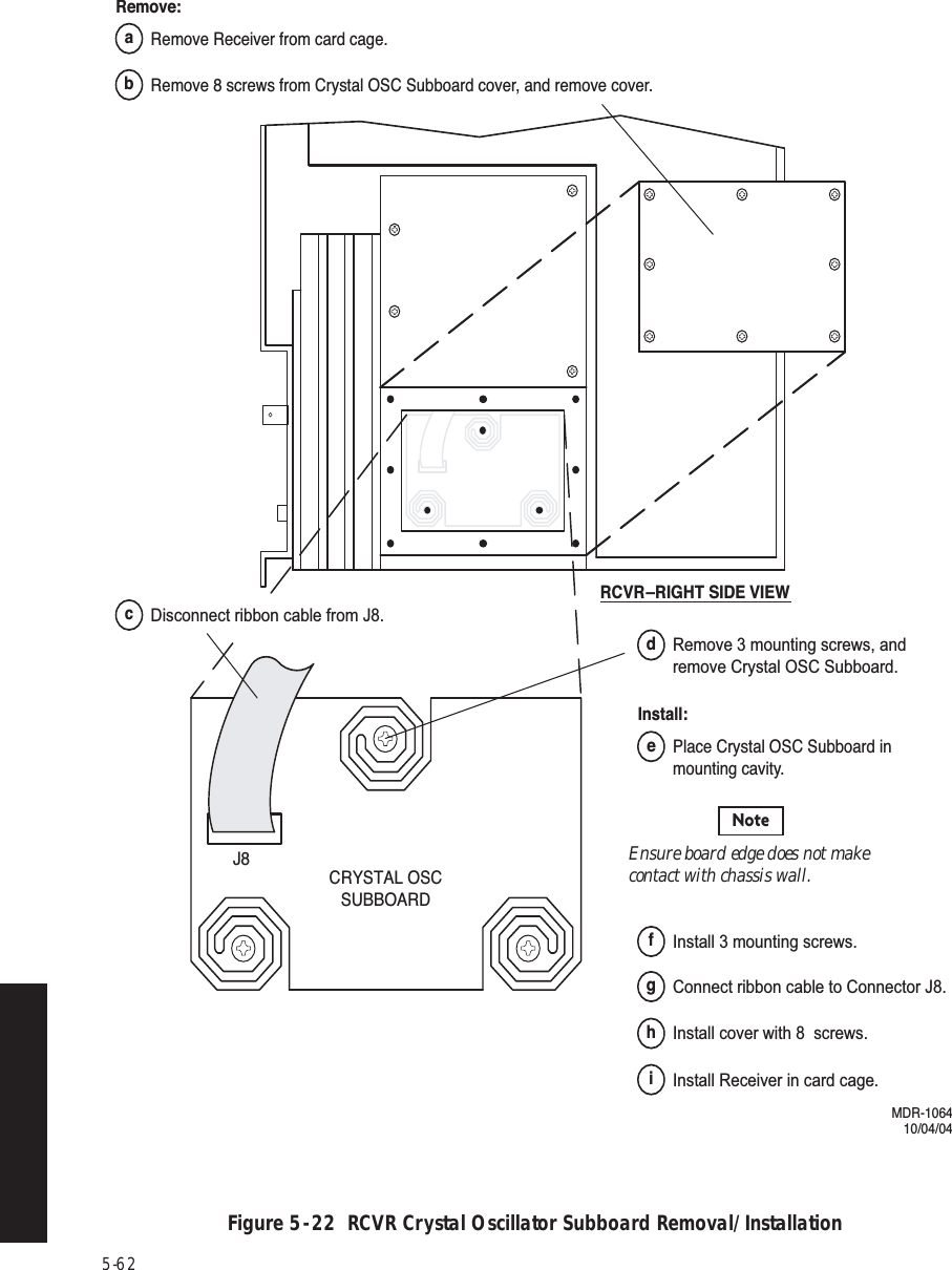 5-62 Figure 5  -  22  RCVR Crystal Oscillator Subboard Removal/InstallationCRYSTAL OSCSUBBOARDJ8RCVR–RIGHT SIDE VIEWMDR-106410/04/04Ensure board edge does not make contact with chassis wall.NoteRemove:aRemove Receiver from card cage.Install:ePlace Crystal OSC Subboard in mounting cavity.fInstall 3 mounting screws.hInstall cover with 8  screws.iInstall Receiver in card cage.gConnect ribbon cable to Connector J8.bRemove 8 screws from Crystal OSC Subboard cover, and remove cover.cDisconnect ribbon cable from J8.dRemove 3 mounting screws, and remove Crystal OSC Subboard.