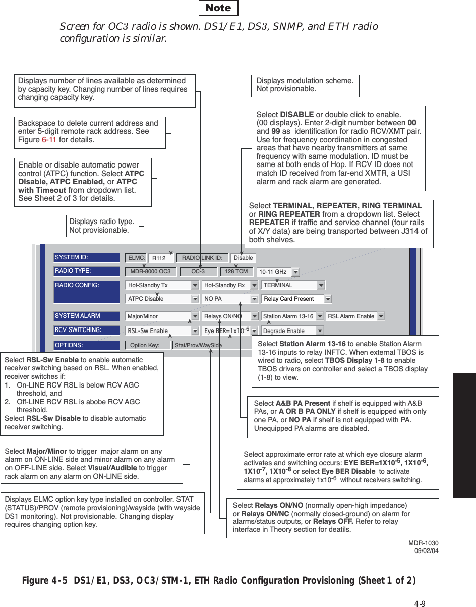 4-9Screen for OC3 radio is shown. DS1/E1, DS3, SNMP, and ETH radio  conﬁguration is similar.Figure 4  -  5  DS1/E1, DS3, OC3/STM-1, ETH Radio Conﬁguration Provisioning (Sheet 1 of 2)NoteATPC Disable NO PARADIO CONFIG:Hot-Standby Tx Hot-Standby Rx TERMINAL10-11 GHzSYSTEM ALARMMajor/Minor Relays ON/NO Station Alarm 13-16Degrade EnableRSL Alarm EnableRSL-Sw EnableEye BER=1x10-6RCV SWITCHING:RADIO TYPE:MDR-8000 OC3 OC-3 128 TCMOPTIONS:Stat/Prov/WaySideOption Key:SYSTEM ID:R112 DisableRADIO LINK ID:ELMC:Relay Card PresentDisplays modulation scheme. Not provisionable.Displays radio type. Not provisionable.MDR-103009/02/04Displays number of lines available as determined by capacity key. Changing number of lines requires changing capacity key.Select DISABLE or double click to enable. (00 displays). Enter 2-digit number between 00 and 99 as  identification for radio RCV/XMT pair. Use for frequency coordination in congested areas that have nearby transmitters at same frequency with same modulation. ID must be same at both ends of Hop. If RCV ID does not match ID received from far-end XMTR, a USI alarm and rack alarm are generated.Select RSL-Sw Enable to enable automatic receiver switching based on RSL. When enabled, receiver switches if:1.  On-LINE RCV RSL is below RCV AGC threshold, and2.  Off-LINE RCV RSL is abobe RCV AGC threshold.Select RSL-Sw Disable to disable automatic receiver switching.Select Major/Minor to trigger  major alarm on any alarm on ON-LINE side and minor alarm on any alarm on OFF-LINE side. Select Visual/Audible to trigger rack alarm on any alarm on ON-LINE side.Select Station Alarm 13-16 to enable Station Alarm 13-16 inputs to relay INFTC. When external TBOS is wired to radio, select TBOS Display 1-8 to enable TBOS drivers on controller and select a TBOS display (1-8) to view.Select approximate error rate at which eye closure alarm activates and switching occurs: EYE BER=1X10-5, 1X10-6, 1X10-7, 1X10-8 or select Eye BER Disable  to activate alarms at approximately 1x10-6  without receivers switching. Select A&amp;B PA Present if shelf is equipped with A&amp;B PAs, or A OR B PA ONLY if shelf is equipped with only one PA, or NO PA if shelf is not equipped with PA. Unequipped PA alarms are disabled.Select Relays ON/NO (normally open-high impedance) or Relays ON/NC (normally closed-ground) on alarm for alarms/status outputs, or Relays OFF. Refer to relay interface in Theory section for deatils.Displays ELMC option key type installed on controller. STAT (STATUS)/PROV (remote provisioning)/wayside (with wayside DS1 monitoring). Not provisionable. Changing display requires changing option key.Select TERMINAL, REPEATER, RING TERMINAL or RING REPEATER from a dropdown list. Select REPEATER if traffic and service channel (four rails of X/Y data) are being transported between J314 of both shelves.Enable or disable automatic power control (ATPC) function. Select ATPC Disable, ATPC Enabled, or ATPC with Timeout from dropdown list. See Sheet 2 of 3 for details. Backspace to delete current address and enter 5-digit remote rack address. See Figure 6-11 for details.