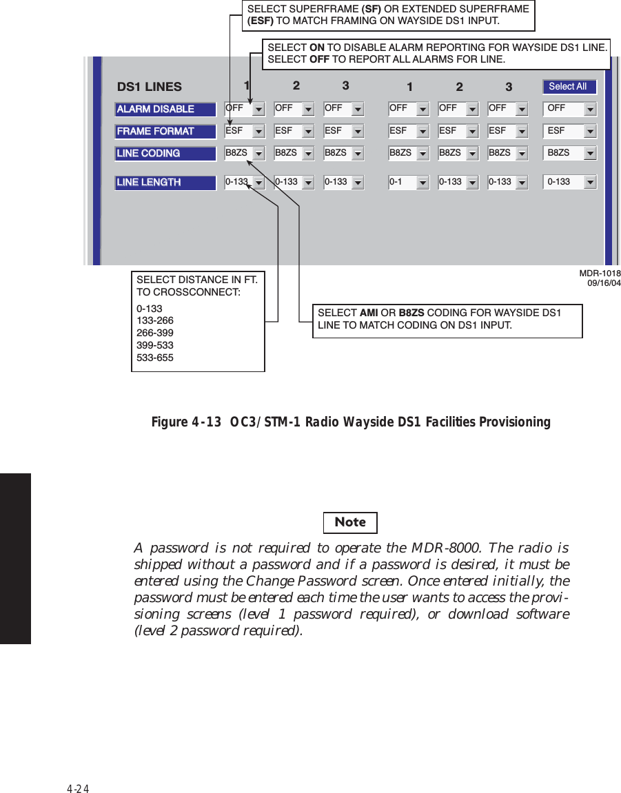 4-24Figure 4  -  13  OC3/STM-1 Radio Wayside DS1 Facilities ProvisioningA password is not required to operate the MDR-8000. The radio is shipped without a password and if a password is desired, it must be entered using the Change Password screen. Once entered initially, the password must be entered each time the user wants to access the provi-sioning screens (level 1 password required), or download software (level 2 password required).ALARM DISABLEALARM DISABLESelect AllOFF123 123DS1 LINESFRAME FORMATFRAME FORMATESFLINE CODINGLINE CODINGB8ZSLINE LENGTHLINE LENGTH0-133OFFESFB8ZS0-1OFFESFB8ZS0-133OFFESFB8ZS0-133OFFESFB8ZS0-133OFFESFB8ZSB8ZSOFFESF0-1330-133SELECT ON TO DISABLE ALARM REPORTING FOR WAYSIDE DS1 LINE. SELECT OFF TO REPORT ALL ALARMS FOR LINE.SELECT SUPERFRAME (SF) OR EXTENDED SUPERFRAME (ESF) TO MATCH FRAMING ON WAYSIDE DS1 INPUT.MDR-101809/16/04SELECT DISTANCE IN FT. TO CROSSCONNECT:0-133133-266266-399399-533533-655SELECT AMI OR B8ZS CODING FOR WAYSIDE DS1 LINE TO MATCH CODING ON DS1 INPUT.Note