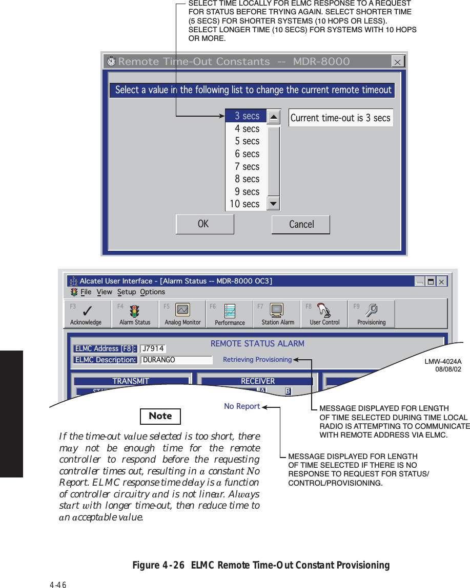 4-46Figure 4  -  26  ELMC Remote Time-Out Constant Provisioning   Remote Time-Out Constants  --  MDR-8000Select a value in the following list to change the current remote timeoutOK Cancel3 secs4 secs5 secs6 secs7 secs8 secs9 secs10 secsCurrent time-out is 3 secsAlcatel User Interface - [Alarm Status -- MDR-8000 OC3]File View Setup OptionsREMOTE STATUS ALARMRetrieving ProvisioningELMC Address [F8]:ELMC Description:DURANGOJ7914A BTRANSMITTRANSMITTERSTATUSA BRECEIVERA BCOMMONRECEIVERSTATUSI/OPWRSTATUSF6PerformanceAlarm Status Analog MonitorF5Station AlarmF7ProvisioningF9AcknowledgeF3User ControlF8✓F4LMW-4024A08/08/02SELECT TIME LOCALLY FOR ELMC RESPONSE TO A REQUEST FOR STATUS BEFORE TRYING AGAIN. SELECT SHORTER TIME (5 SECS) FOR SHORTER SYSTEMS (10 HOPS OR LESS). SELECT LONGER TIME (10 SECS) FOR SYSTEMS WITH 10 HOPS OR MORE.MESSAGE DISPLAYED FOR LENGTH OF TIME SELECTED DURING TIME LOCAL RADIO IS ATTEMPTING TO COMMUNICATE WITH REMOTE ADDRESS VIA ELMC.MESSAGE DISPLAYED FOR LENGTH OF TIME SELECTED IF THERE IS NO RESPONSE TO REQUEST FOR STATUS/CONTROL/PROVISIONING.No ReportNoteIf the time-out value selected is too short, there may not be enough time for the remote controller to respond before the requesting controller times out, resulting in a constant No Report. ELMC response time delay is a function of controller circuitry and is not linear. Always start with longer time-out, then reduce time to an acceptable value.