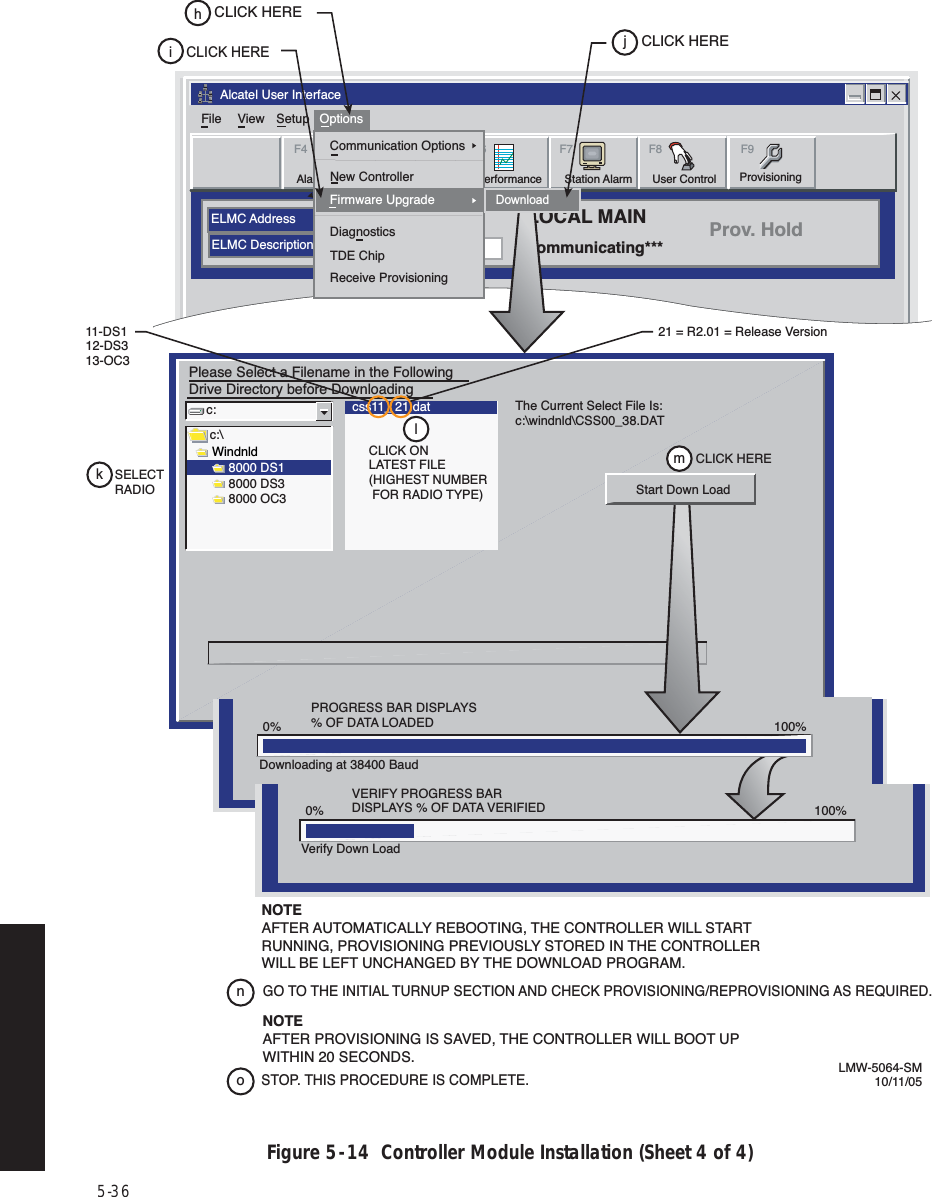 5-36Figure 5  -  14  Controller Module Installation (Sheet 4 of 4)Alcatel User InterfaceELMC AddressELMC DescriptionsLOCAL MAINCommunicating***Prov. HoldFile View Setup OptionsF6PerformanceAlarm StatusF4Station AlarmF7 F9User ControlF8F5ProvisioningCommunication OptionsDiagnosticsTDE ChipReceive ProvisioningNew ControllerCLICK HEREhCLICK HEREjiFirmware UpgradeCLICK HEREc:c:\CSS00 38.DATThe Current Select File Is:c:\windnld\CSS00_38.DATDownloading at 38400 BaudVerify Down LoadPlease Select a Filename in the FollowingDrive Directory before DownloadingWindnld8000 DS18000 DS38000 OC3css11_ 21.datLMW-5064-SM       10/11/05mkSELECTRADIOPROGRESS BAR DISPLAYS % OF DATA LOADEDVERIFY PROGRESS BAR DISPLAYS % OF DATA VERIFIED0%0%100%100%lCLICK ONLATEST FILE(HIGHEST NUMBER FOR RADIO TYPE)CLICK HERENOTEAFTER AUTOMATICALLY REBOOTING, THE CONTROLLER WILL START RUNNING, PROVISIONING PREVIOUSLY STORED IN THE CONTROLLER WILL BE LEFT UNCHANGED BY THE DOWNLOAD PROGRAM.onGO TO THE INITIAL TURNUP SECTION AND CHECK PROVISIONING/REPROVISIONING AS REQUIRED.NOTEAFTER PROVISIONING IS SAVED, THE CONTROLLER WILL BOOT UPWITHIN 20 SECONDS.STOP. THIS PROCEDURE IS COMPLETE.DownloadStart Down Load11-DS112-DS313-OC321 = R2.01 = Release Version