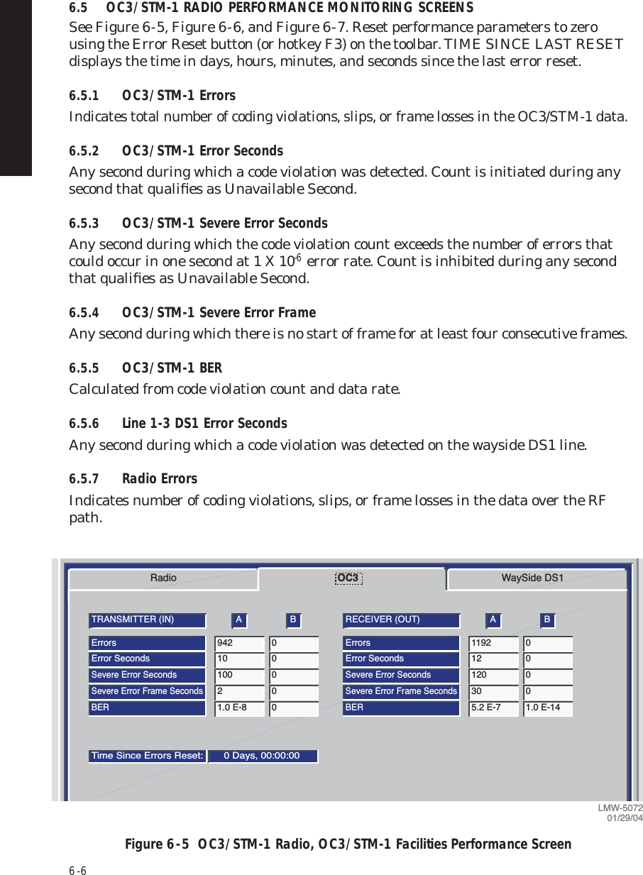 6  -  66.5 OC3/STM-1 RADIO PERFORMANCE MONITORING SCREENSSee Figure 6  -  5, Figure 6  -  6, and Figure 6  -  7. Reset performance parameters to zero using the Error Reset button (or hotkey F3) on the toolbar. TIME SINCE LAST RESET displays the time in days, hours, minutes, and seconds since the last error reset.6.5.1 OC3/STM-1 ErrorsIndicates total number of coding violations, slips, or frame losses in the OC3/STM-1 data.6.5.2 OC3/STM-1 Error SecondsAny second during which a code violation was detected. Count is initiated during any second that qualiﬁes as Unavailable Second.6.5.3 OC3/STM-1 Severe Error SecondsAny second during which the code violation count exceeds the number of errors that could occur in one second at 1 X 10-6 error rate. Count is inhibited during any second that qualiﬁes as Unavailable Second.6.5.4 OC3/STM-1 Severe Error FrameAny second during which there is no start of frame for at least four consecutive frames.6.5.5 OC3/STM-1 BERCalculated from code violation count and data rate.6.5.6 Line 1-3 DS1 Error SecondsAny second during which a code violation was detected on the wayside DS1 line.6.5.7 Radio ErrorsIndicates number of coding violations, slips, or frame losses in the data over the RF path.Figure 6  - 5  OC3/STM-1 Radio, OC3/STM-1 Facilities Performance ScreenWaySide DS1Radio OC3Error Seconds 10 0TRANSMITTER (IN) A BErrors 942 0Severe Error Seconds100 0Severe Error Frame Seconds2 0BER1.0 E-8 0Time Since Errors Reset: 0 Days, 00:00:00Error Seconds 12 0RECEIVER (OUT) A BErrors 1192 0Severe Error Seconds120 0Severe Error Frame Seconds30 0BER5.2 E-7 1.0 E-14Monday, July 28, 20033:30:05 PM USI Version R1.04 Controller Version R1.04MDR-8000 OC3LMW-507201/29/04