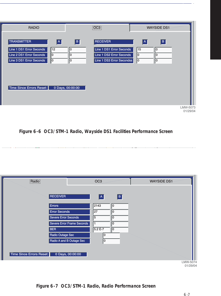 6  -  7Figure 6  -  6  OC3/STM-1 Radio, Wayside DS1 Facilities Performance ScreenFigure 6  -  7  OC3/STM-1 Radio, Radio Performance ScreenELMC Address:ELMC Description:LOCAL PERFORMANCEWAYSIDE DS1RADIOCommunicating**OC3Line 2 DS1 Error Seconds 0 0TRANSMITTER A BLine 1 DS1 Error Seconds 12 0Line 3 DS1 Error Seconds 0 0Time Since Errors Reset: 0 Days, 00:00:00Line 1 DS2 Error Seconds 0 0RECEIVER A BLine 1 DS1 Error Seconds 15 0Line 1 DS3 Error Secondss0 0Monday, August 20, 2001 3:30:05 PM USI Version R1.01 Controller Version R1.01MDR-8000 OC3LMW-507301/29/04WAYSIDE DS1OC3PerformanceAlarm Status Station Alarm User Control ProvisioningError Reset Analog MonitorELMC Address:ELMC Description:LOCAL PERFORMANCERadioCommunicating***657Error Seconds 27 0ErrorsRECEIVER A B2143 0Severe Error Seconds5 0Severe Error Frame Seconds1 0BER5.2 E-7 0Radio Outage SecRadio A and B Outage Sec00Time Since Errors Reset: 0 Days, 00:00:00Monday, July 28, 2003 3:41:41 PM USI Version R1.04 Controller Version R1.04MDR-8000 OC3R101OC3 6GHz TopLMW-507401/29/04