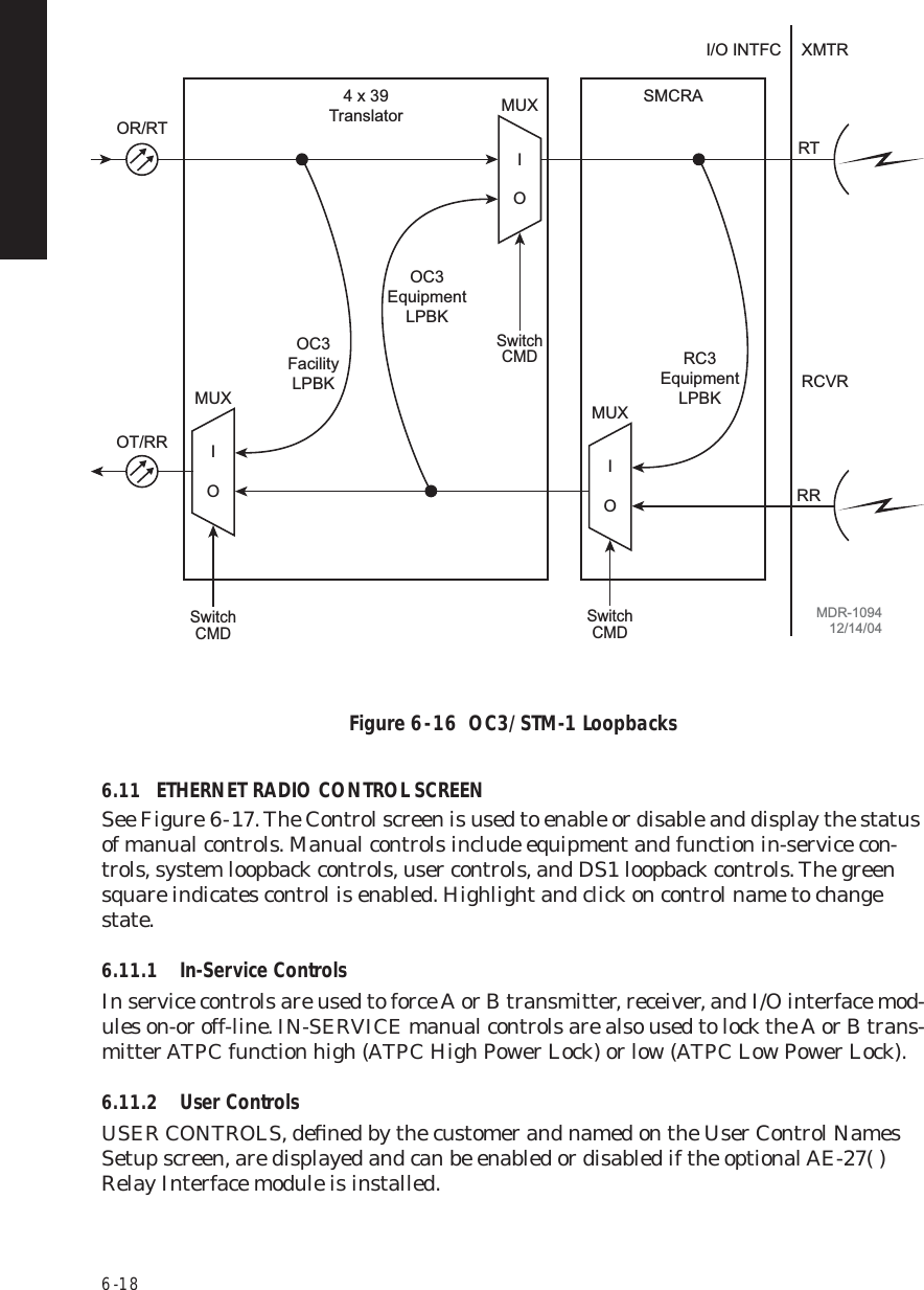 6  -  18Figure 6  -  16  OC3/STM-1 Loopbacks6.11 ETHERNET RADIO CONTROL SCREENSee Figure 6  -  17. The Control screen is used to enable or disable and display the status of manual controls. Manual controls include equipment and function in-service con-trols, system loopback controls, user controls, and DS1 loopback controls. The green square indicates control is enabled. Highlight and click on control name to change state.6.11.1 In-Service ControlsIn service controls are used to force A or B transmitter, receiver, and I/O interface mod-ules on-or off-line. IN-SERVICE manual controls are also used to lock the A or B trans-mitter ATPC function high (ATPC High Power Lock) or low (ATPC Low Power Lock).6.11.2 User ControlsUSER CONTROLS, deﬁned by the customer and named on the User Control Names Setup screen, are displayed and can be enabled or disabled if the optional AE-27( ) Relay Interface module is installed.MUXSwitchCMDSwitchCMDOT/RROR/RTRT4 x 39TranslatorSMCRAI/O INTFC XMTRRRRCVRMDR-109412/14/04OC3FacilityLPBKOC3EquipmentLPBKMUXSwitchCMDRC3EquipmentLPBKMUXIOIOIO