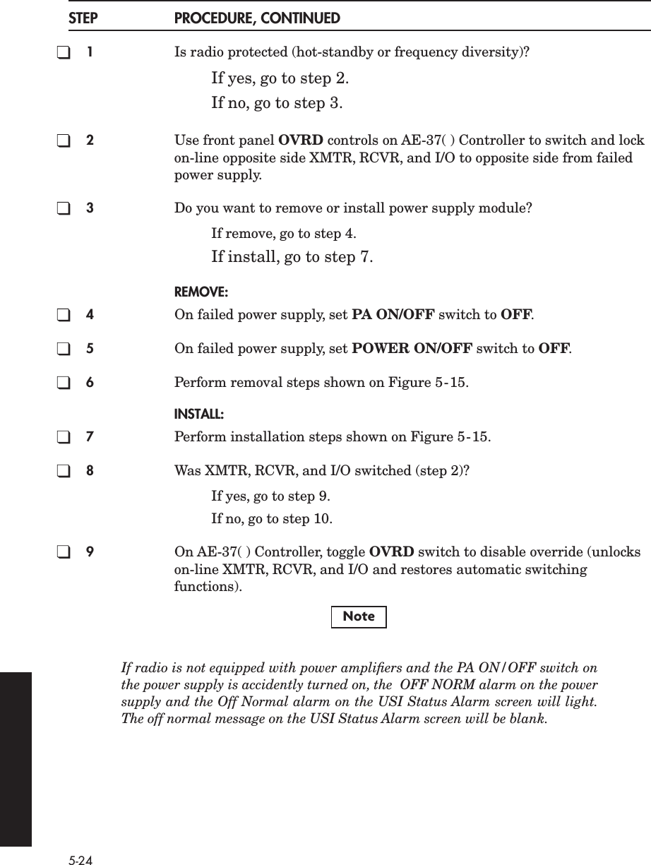  5-24 STEP PROCEDURE, CONTINUED 1 Is radio protected (hot-standby or frequency diversity)? If yes, go to step 2.If no, go to step 3. 2 Use front panel  OVRD  controls on AE-37( ) Controller to switch and lock on-line opposite side XMTR, RCVR, and I/O to opposite side from failed power supply. 3 Do you want to remove or install power supply module?If remove, go to step 4. If install, go to step 7. REMOVE:4 On failed power supply, set  PA ON/OFF  switch to  OFF . 5 On failed power supply, set  POWER ON/OFF  switch to  OFF . 6 Perform removal steps shown on Figure 5-15. INSTALL:7 Perform installation steps shown on Figure 5-15. 8 Was XMTR, RCVR, and I/O switched (step 2)?If yes, go to step 9.If no, go to step 10. 9 On AE-37( ) Controller, toggle  OVRD  switch to disable override (unlocks on-line XMTR, RCVR, and I/O and restores automatic switching functions). If radio is not equipped with power ampliﬁers and the PA ON/OFF switch onthe power supply is accidently turned on, the  OFF NORM alarm on the powersupply and the Off Normal alarm on the USI Status Alarm screen will light.The off normal message on the USI Status Alarm screen will be blank.Note