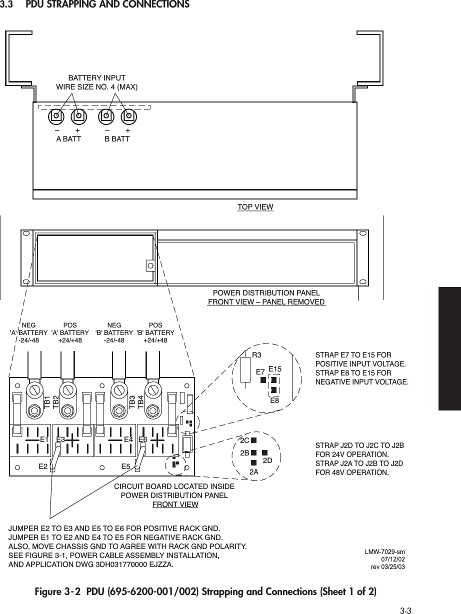  3-3 3.3 PDU STRAPPING AND CONNECTIONS   Figure 3-2  PDU (695-6200-001/002) Strapping and Connections (Sheet 1 of 2)–+ –+B BATTA BATTTOP VIEWSTRAP E7 TO E15 FOR POSITIVE INPUT VOLTAGE. STRAP E8 TO E15 FOR NEGATIVE INPUT VOLTAGE.STRAP J2D TO J2C TO J2BFOR 24V OPERATION.STRAP J2A TO J2B TO J2D FOR 48V OPERATION.JUMPER E2 TO E3 AND E5 TO E6 FOR POSITIVE RACK GND.JUMPER E1 TO E2 AND E4 TO E5 FOR NEGATIVE RACK GND.ALSO, MOVE CHASSIS GND TO AGREE WITH RACK GND POLARITY.SEE FIGURE 3-1, POWER CABLE ASSEMBLY INSTALLATION,AND APPLICATION DWG 3DH031770000 EJZZA.POWER DISTRIBUTION PANELFRONT VIEW – PANEL REMOVEDR3E72C2B2A2DE5E2E1 E3 E4 E6TB4TB3TB2TB1E15E8CIRCUIT BOARD LOCATED INSIDE POWER DISTRIBUTION PANEL FRONT VIEWNEG&apos;A&apos; BATTERY-24/-48POS&apos;A&apos; BATTERY+24/+48NEG&apos;B&apos; BATTERY-24/-48POS&apos;B&apos; BATTERY+24/+48BATTERY INPUTWIRE SIZE NO. 4 (MAX)LMW-7029-sm07/12/02 rev 03/25/03