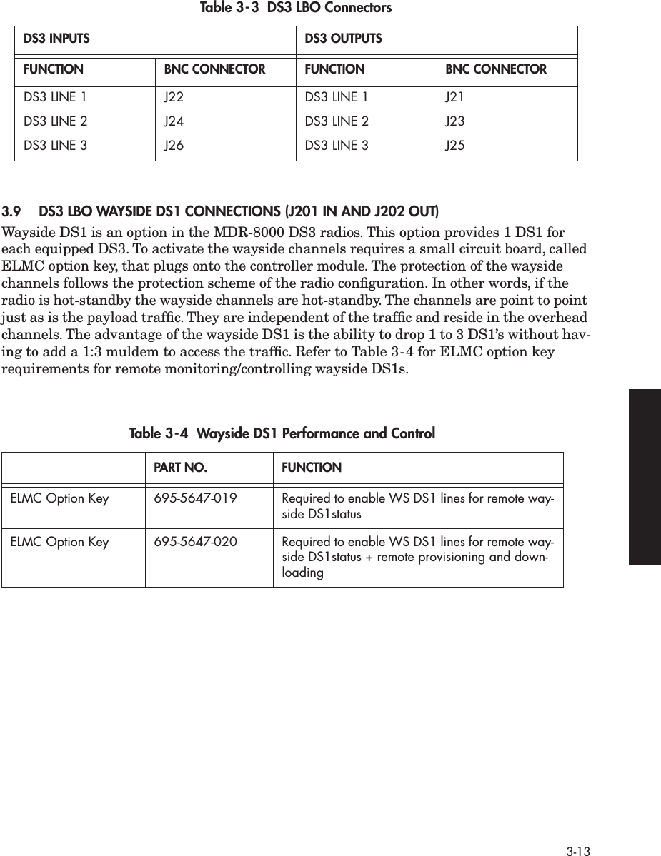  3-13 3.9 DS3 LBO WAYSIDE DS1 CONNECTIONS (J201 IN AND J202 OUT) Wayside DS1 is an option in the MDR-8000 DS3 radios. This option provides 1 DS1 for each equipped DS3. To activate the wayside channels requires a small circuit board, called ELMC option key, that plugs onto the controller module. The protection of the wayside channels follows the protection scheme of the radio conﬁguration. In other words, if the radio is hot-standby the wayside channels are hot-standby. The channels are point to point just as is the payload trafﬁc. They are independent of the trafﬁc and reside in the overhead channels. The advantage of the wayside DS1 is the ability to drop 1 to 3 DS1’s without hav-ing to add a 1:3 muldem to access the trafﬁc. Refer to Table 3-4 for ELMC option key requirements for remote monitoring/controlling wayside DS1s. Table 3-3  DS3 LBO Connectors DS3 INPUTS DS3 OUTPUTSFUNCTION BNC CONNECTOR FUNCTION BNC CONNECTOR DS3 LINE 1 J22 DS3 LINE 1 J21DS3 LINE 2 J24 DS3 LINE 2 J23DS3 LINE 3 J26 DS3 LINE 3 J25 Table 3-4  Wayside DS1 Performance and Control PART NO. FUNCTION ELMC Option Key 695-5647-019 Required to enable WS DS1 lines for remote way-side DS1statusELMC Option Key 695-5647-020 Required to enable WS DS1 lines for remote way-side DS1status + remote provisioning and down-loading