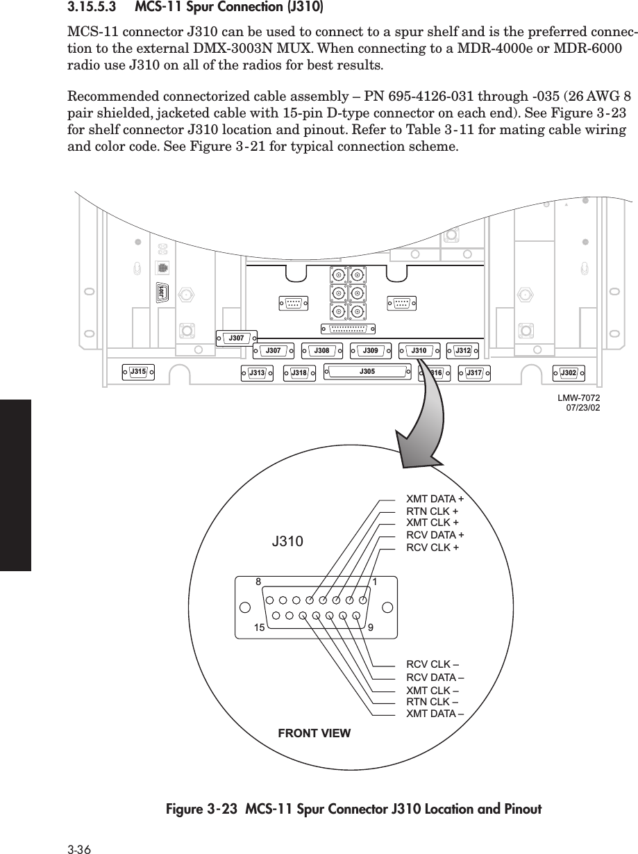 3-363.15.5.3 MCS-11 Spur Connection (J310)MCS-11 connector J310 can be used to connect to a spur shelf and is the preferred connec-tion to the external DMX-3003N MUX. When connecting to a MDR-4000e or MDR-6000 radio use J310 on all of the radios for best results.Recommended connectorized cable assembly – PN 695-4126-031 through -035 (26 AWG 8 pair shielded, jacketed cable with 15-pin D-type connector on each end). See Figure 3-23 for shelf connector J310 location and pinout. Refer to Table 3-11 for mating cable wiring and color code. See Figure 3-21 for typical connection scheme.  Figure 3-23  MCS-11 Spur Connector J310 Location and Pinout J315J301J313J307J308 J309 J310 J312J318 J305 J316 J317 J302XMT DATA +J310FRONT VIEWRTN CLK +XMT CLK +RCV DATA +RCV CLK +RCV CLK –RCV DATA –XMT CLK –RTN CLK –XMT DATA –8115 9J307 J312LMW-707207/23/02J310