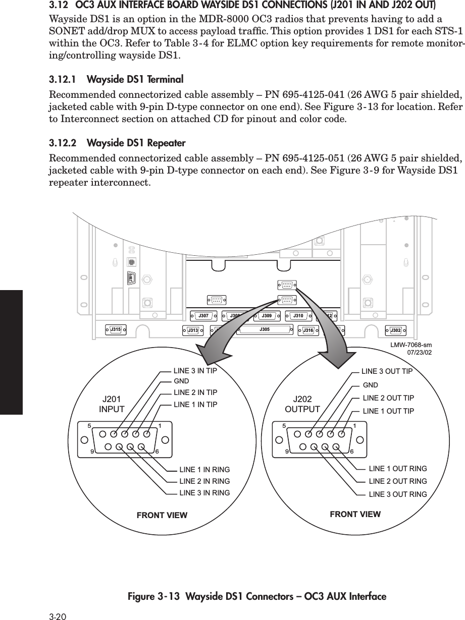  3-20 3.12OC3 AUX INTERFACE BOARD WAYSIDE DS1 CONNECTIONS (J201 IN AND J202 OUT) Wayside DS1 is an option in the MDR-8000 OC3 radios that prevents having to add a SONET add/drop MUX to access payload trafﬁc. This option provides 1 DS1 for each STS-1 within the OC3. Refer to Table 3-4 for ELMC option key requirements for remote monitor-ing/controlling wayside DS1.  3.12.1 Wayside DS1 Terminal Recommended connectorized cable assembly – PN 695-4125-041 (26 AWG 5 pair shielded, jacketed cable with 9-pin D-type connector on one end). See Figure 3-13 for location. Refer to Interconnect section on attached CD for pinout and color code. 3.12.2 Wayside DS1 Repeater Recommended connectorized cable assembly – PN 695-4125-051 (26 AWG 5 pair shielded, jacketed cable with 9-pin D-type connector on each end). See Figure 3-9 for Wayside DS1 repeater interconnect.  Figure 3-13  Wayside DS1 Connectors – OC3 AUX InterfaceJ315J301J313J308 J309 J310 J312J318 J305 J316 J317 J302J307J201INPUTFRONT VIEW5196GNDLINE 3 IN TIPLINE 2 IN TIPLINE 1 IN TIPLINE 1 IN RINGLINE 2 IN RINGLINE 3 IN RING5196LINE 3 OUT TIPJ202OUTPUTFRONT VIEWGNDLINE 1 OUT TIPLINE 2 OUT TIPLINE 1 OUT RINGLINE 2 OUT RINGLINE 3 OUT RINGLMW-7068-sm07/23/02J301