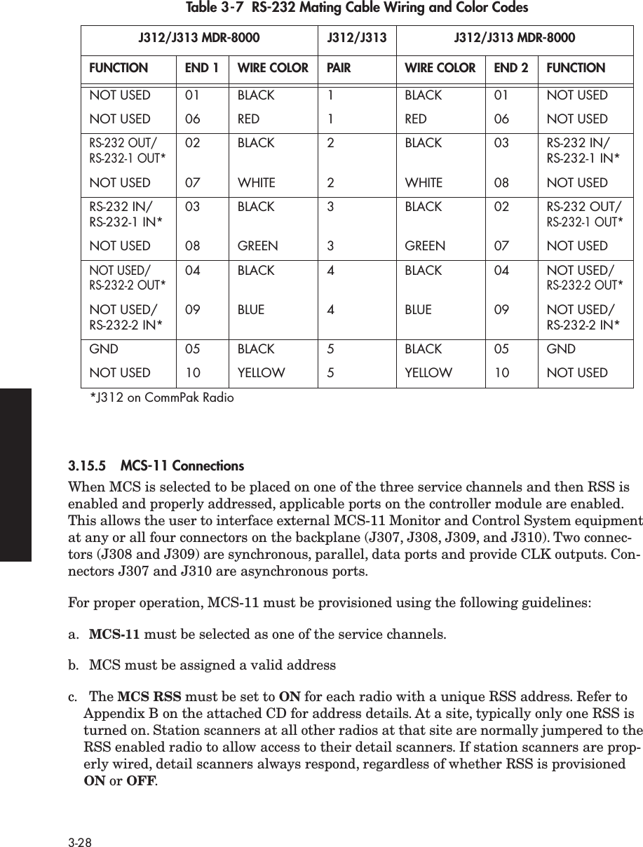  3-28 3.15.5 MCS-11 Connections When MCS is selected to be placed on one of the three service channels and then RSS is enabled and properly addressed, applicable ports on the controller module are enabled. This allows the user to interface external MCS-11 Monitor and Control System equipment at any or all four connectors on the backplane (J307, J308, J309, and J310). Two connec-tors (J308 and J309) are synchronous, parallel, data ports and provide CLK outputs. Con-nectors J307 and J310 are asynchronous ports. For proper operation, MCS-11 must be provisioned using the following guidelines:a. MCS-11  must be selected as one of the service channels.b. MCS must be assigned a valid addressc. The  MCS RSS  must be set to  ON  for each radio with a unique RSS address. Refer to Appendix B on the attached CD for address details. At a site, typically only one RSS is turned on. Station scanners at all other radios at that site are normally jumpered to the RSS enabled radio to allow access to their detail scanners. If station scanners are prop-erly wired, detail scanners always respond, regardless of whether RSS is provisioned  ON  or  OFF . Table 3-7  RS-232 Mating Cable Wiring and Color Codes J312/J313 MDR-8000 J312/J313 J312/J313 MDR-8000FUNCTION END 1 WIRE COLOR PAIR WIRE COLOR END 2 FUNCTION NOT USED 01 BLACK 1 BLACK 01 NOT USEDNOT USED 06 RED 1 RED 06 NOT USED RS-232 OUT/RS-232-1 OUT* 02 BLACK 2 BLACK 03 RS-232 IN/RS-232-1 IN*NOT USED 07 WHITE 2 WHITE 08 NOT USEDRS-232 IN/RS-232-1 IN* 03 BLACK 3 BLACK 02 RS-232 OUT/ RS-232-1 OUT* NOT USED 08 GREEN 3 GREEN 07 NOT USED NOT USED/RS-232-2 OUT* 04 BLACK 4 BLACK 04 NOT USED /RS-232-2 OUT* NOT USED/RS-232-2 IN* 09 BLUE 4 BLUE 09 NOT USED/RS-232-2 IN*GND 05 BLACK 5 BLACK 05 GNDNOT USED 10 YELLOW 5 YELLOW 10 NOT USED*J312 on CommPak Radio