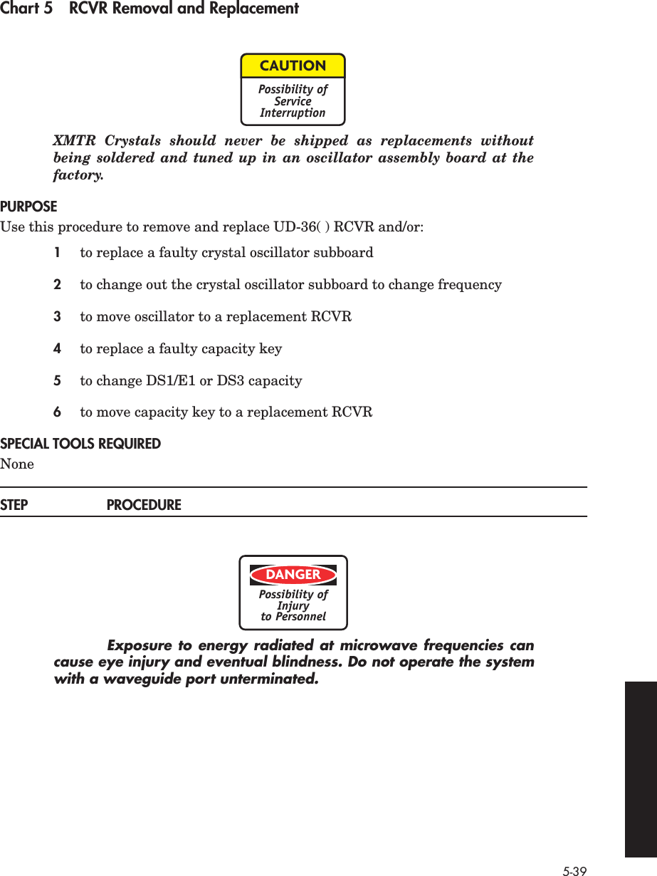 5-39Chart 5 RCVR Removal and ReplacementXMTR Crystals should never be shipped as replacements withoutbeing soldered and tuned up in an oscillator assembly board at thefactory.PURPOSEUse this procedure to remove and replace UD-36( ) RCVR and/or:1to replace a faulty crystal oscillator subboard2to change out the crystal oscillator subboard to change frequency3to move oscillator to a replacement RCVR4to replace a faulty capacity key5to change DS1/E1 or DS3 capacity6to move capacity key to a replacement RCVRSPECIAL TOOLS REQUIREDNoneSTEP PROCEDUREExposure to energy radiated at microwave frequencies cancause eye injury and eventual blindness. Do not operate the systemwith a waveguide port unterminated.CAUTIONPossibility ofServiceInterruptionDANGERPossibility ofInjuryto Personnel