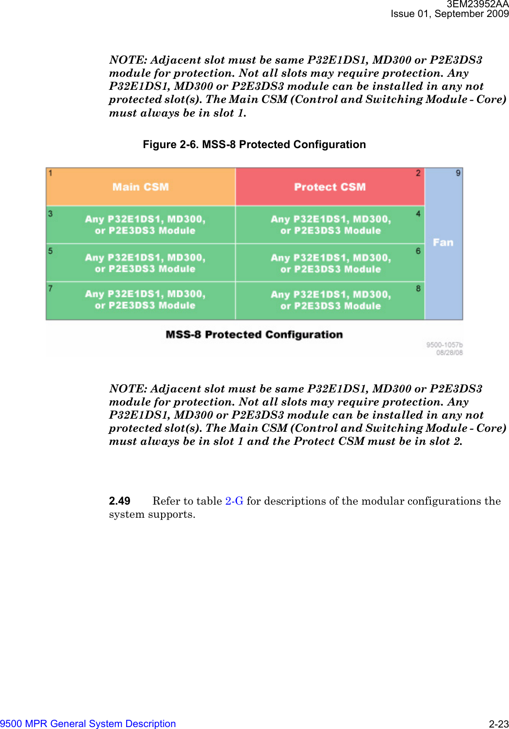 3EM23952AAIssue 01, September 20099500 MPR General System Description 2-23NOTE: Adjacent slot must be same P32E1DS1, MD300 or P2E3DS3 module for protection. Not all slots may require protection. Any P32E1DS1, MD300 or P2E3DS3 module can be installed in any not protected slot(s). The Main CSM (Control and Switching Module - Core) must always be in slot 1. NOTE: Adjacent slot must be same P32E1DS1, MD300 or P2E3DS3 module for protection. Not all slots may require protection. Any P32E1DS1, MD300 or P2E3DS3 module can be installed in any not protected slot(s). The Main CSM (Control and Switching Module - Core) must always be in slot 1 and the Protect CSM must be in slot 2. 2.49 Refer to table 2-G for descriptions of the modular configurations the system supports.Figure 2-6. MSS-8 Protected Configuration