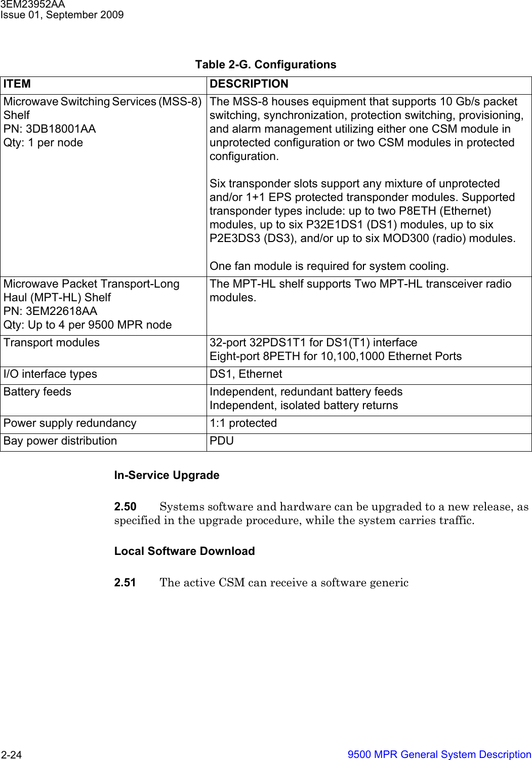 3EM23952AAIssue 01, September 20099500 MPR General System Description2-24In-Service Upgrade2.50 Systems software and hardware can be upgraded to a new release, as specified in the upgrade procedure, while the system carries traffic. Local Software Download2.51 The active CSM can receive a software generic Table 2-G. ConfigurationsITEM DESCRIPTIONMicrowave Switching Services (MSS-8) ShelfPN: 3DB18001AAQty: 1 per nodeThe MSS-8 houses equipment that supports 10 Gb/s packet switching, synchronization, protection switching, provisioning, and alarm management utilizing either one CSM module in unprotected configuration or two CSM modules in protected configuration. Six transponder slots support any mixture of unprotected and/or 1+1 EPS protected transponder modules. Supported transponder types include: up to two P8ETH (Ethernet) modules, up to six P32E1DS1 (DS1) modules, up to six P2E3DS3 (DS3), and/or up to six MOD300 (radio) modules.One fan module is required for system cooling.Microwave Packet Transport-Long Haul (MPT-HL) ShelfPN: 3EM22618AAQty: Up to 4 per 9500 MPR nodeThe MPT-HL shelf supports Two MPT-HL transceiver radio modules.Transport modules 32-port 32PDS1T1 for DS1(T1) interfaceEight-port 8PETH for 10,100,1000 Ethernet PortsI/O interface types DS1, EthernetBattery feeds Independent, redundant battery feedsIndependent, isolated battery returnsPower supply redundancy 1:1 protectedBay power distribution PDU