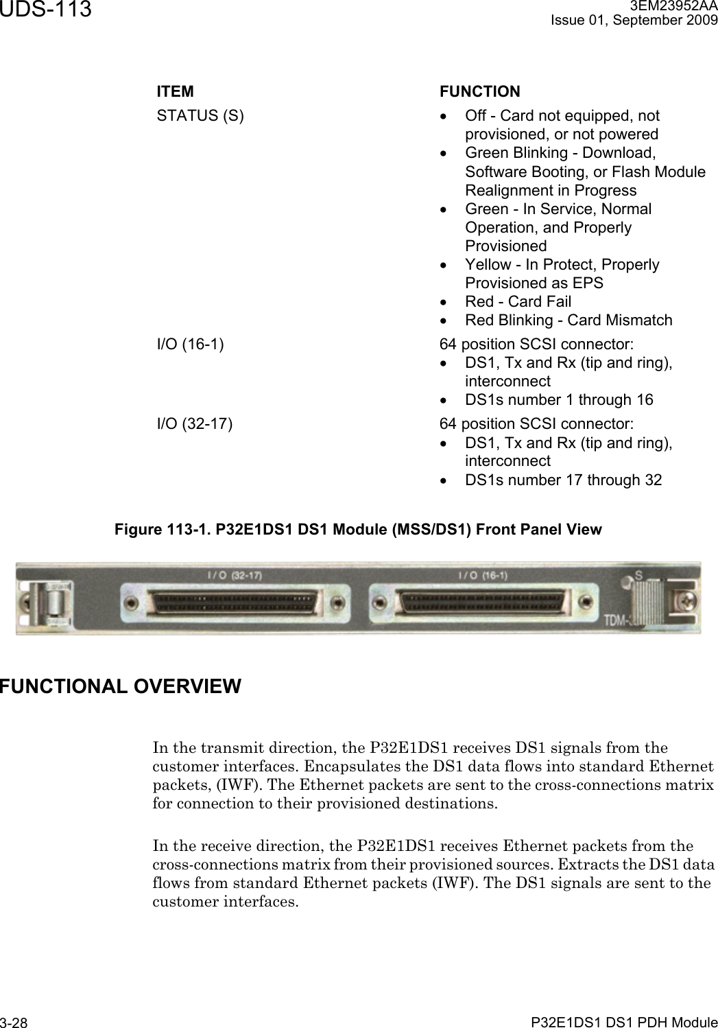 UDS-113P32E1DS1 DS1 PDH Module3-283EM23952AAIssue 01, September 2009FUNCTIONAL OVERVIEWIn the transmit direction, the P32E1DS1 receives DS1 signals from the customer interfaces. Encapsulates the DS1 data flows into standard Ethernet packets, (IWF). The Ethernet packets are sent to the cross-connections matrix for connection to their provisioned destinations.In the receive direction, the P32E1DS1 receives Ethernet packets from the cross-connections matrix from their provisioned sources. Extracts the DS1 data flows from standard Ethernet packets (IWF). The DS1 signals are sent to the customer interfaces.ITEM FUNCTIONSTATUS (S) •Off - Card not equipped, not provisioned, or not powered•Green Blinking - Download, Software Booting, or Flash Module Realignment in Progress•Green - In Service, Normal Operation, and Properly Provisioned•Yellow - In Protect, Properly Provisioned as EPS•Red - Card Fail•Red Blinking - Card MismatchI/O (16-1) 64 position SCSI connector: •DS1, Tx and Rx (tip and ring), interconnect•DS1s number 1 through 16I/O (32-17) 64 position SCSI connector: •DS1, Tx and Rx (tip and ring), interconnect•DS1s number 17 through 32Figure 113-1. P32E1DS1 DS1 Module (MSS/DS1) Front Panel View