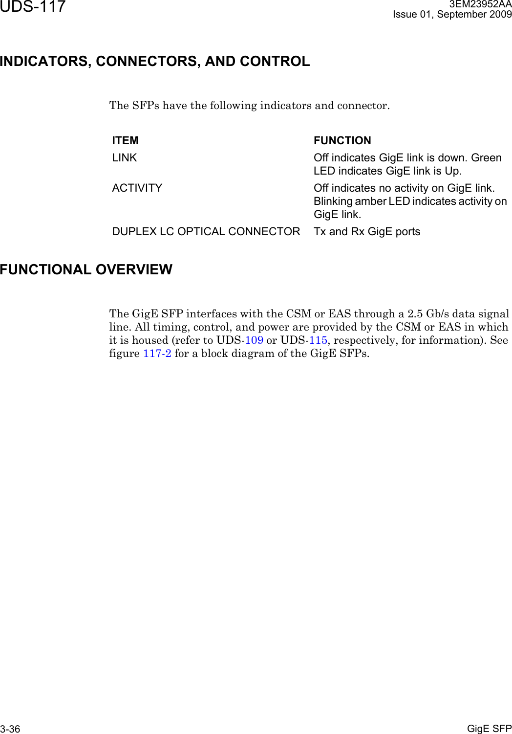 UDS-117GigE SFP3-363EM23952AAIssue 01, September 2009INDICATORS, CONNECTORS, AND CONTROLThe SFPs have the following indicators and connector.FUNCTIONAL OVERVIEWThe GigE SFP interfaces with the CSM or EAS through a 2.5 Gb/s data signal line. All timing, control, and power are provided by the CSM or EAS in which it is housed (refer to UDS-109 or UDS-115, respectively, for information). See figure 117-2 for a block diagram of the GigE SFPs.ITEM FUNCTIONLINK Off indicates GigE link is down. Green LED indicates GigE link is Up.ACTIVITY Off indicates no activity on GigE link. Blinking amber LED indicates activity on GigE link.DUPLEX LC OPTICAL CONNECTOR Tx and Rx GigE ports