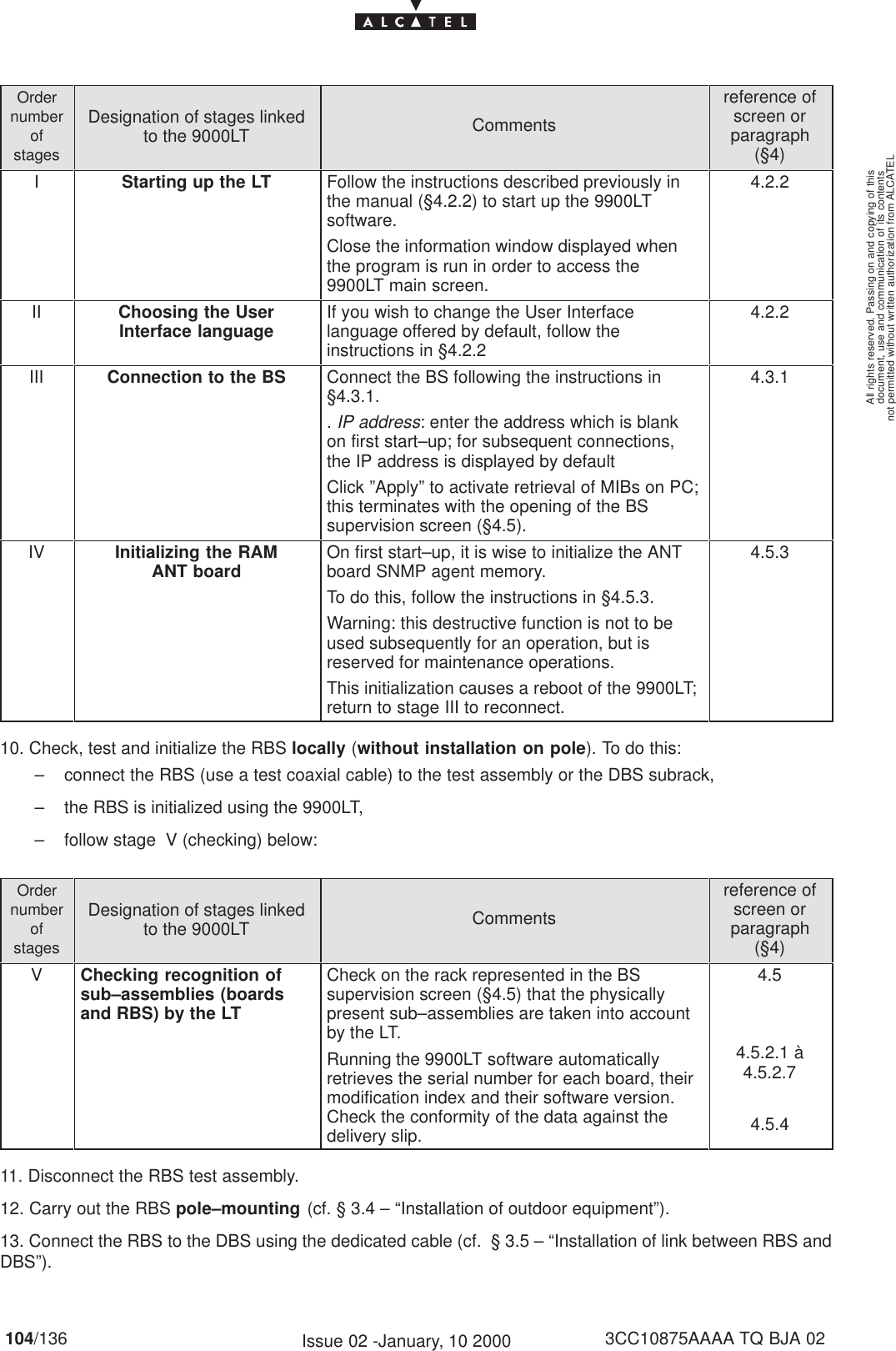 document, use and communication of its contentsnot permitted without written authorization from ALCATELAll rights reserved. Passing on and copying of this104/136 3CC10875AAAA TQ BJA 02Issue 02 -January, 10 2000OrdernumberofstagesDesignation of stages linkedto the 9000LT Commentsreference ofscreen orparagraph(§4)IStarting up the LT Follow the instructions described previously inthe manual (§4.2.2) to start up the 9900LTsoftware.Close the information window displayed whenthe program is run in order to access the9900LT main screen.4.2.2II Choosing the UserInterface language If you wish to change the User Interfacelanguage offered by default, follow theinstructions in §4.2.24.2.2III Connection to the BS Connect the BS following the instructions in§4.3.1.. IP address: enter the address which is blankon first start–up; for subsequent connections,the IP address is displayed by defaultClick ”Apply” to activate retrieval of MIBs on PC;this terminates with the opening of the BSsupervision screen (§4.5).4.3.1IV Initializing the RAMANT board On first start–up, it is wise to initialize the ANTboard SNMP agent memory.To do this, follow the instructions in §4.5.3.Warning: this destructive function is not to beused subsequently for an operation, but isreserved for maintenance operations.This initialization causes a reboot of the 9900LT;return to stage III to reconnect.4.5.310. Check, test and initialize the RBS locally (without installation on pole). To do this:– connect the RBS (use a test coaxial cable) to the test assembly or the DBS subrack,– the RBS is initialized using the 9900LT,– follow stage  V (checking) below:OrdernumberofstagesDesignation of stages linkedto the 9000LT Commentsreference ofscreen orparagraph(§4)VChecking recognition ofsub–assemblies (boardsand RBS) by the LTCheck on the rack represented in the BSsupervision screen (§4.5) that the physicallypresent sub–assemblies are taken into accountby the LT.Running the 9900LT software automaticallyretrieves the serial number for each board, theirmodification index and their software version.Check the conformity of the data against thedelivery slip.4.54.5.2.1 à4.5.2.74.5.411. Disconnect the RBS test assembly.12. Carry out the RBS pole–mounting (cf. § 3.4 – “Installation of outdoor equipment”).13. Connect the RBS to the DBS using the dedicated cable (cf.  § 3.5 – “Installation of link between RBS andDBS”).