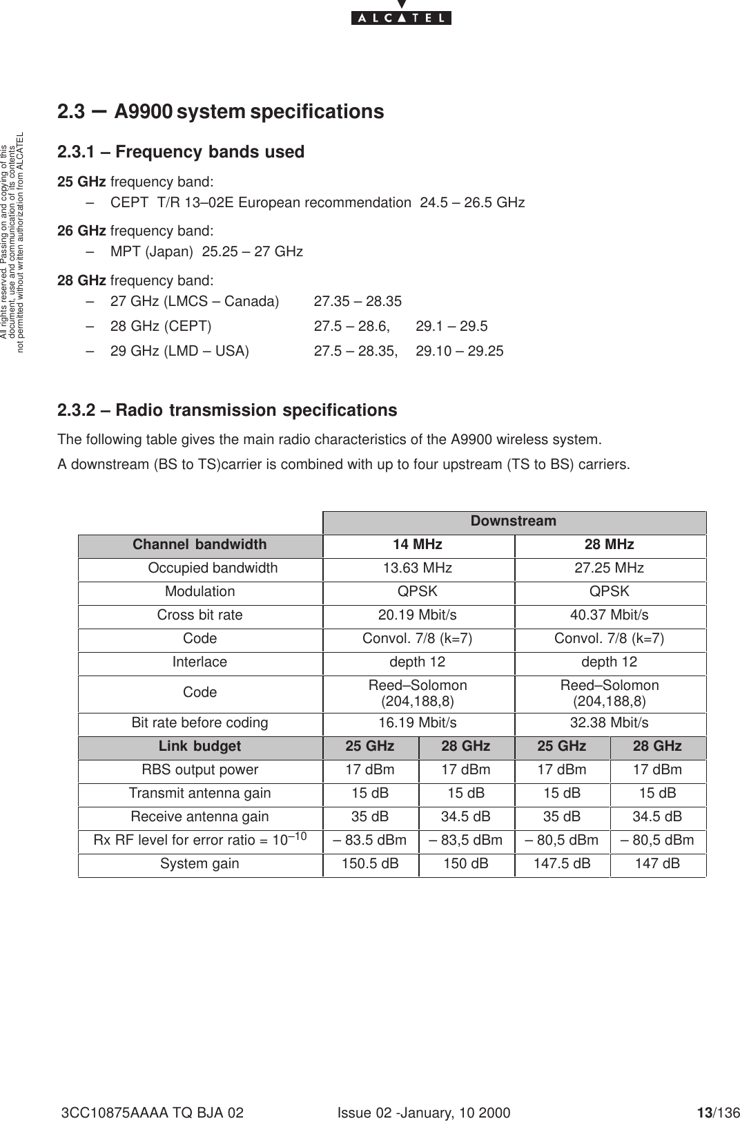 document, use and communication of its contentsnot permitted without written authorization from ALCATELAll rights reserved. Passing on and copying of thisIssue 02 -January, 10 2000 13/1363CC10875AAAA TQ BJA 022.3 –A9900 system specifications2.3.1 – Frequency bands used25 GHz frequency band:– CEPT  T/R 13–02E European recommendation  24.5 – 26.5 GHz26 GHz frequency band:– MPT (Japan)  25.25 – 27 GHz28 GHz frequency band:– 27 GHz (LMCS – Canada)  27.35 – 28.35– 28 GHz (CEPT) 27.5 – 28.6,  29.1 – 29.5– 29 GHz (LMD – USA) 27.5 – 28.35,  29.10 – 29.252.3.2 – Radio transmission specificationsThe following table gives the main radio characteristics of the A9900 wireless system.A downstream (BS to TS)carrier is combined with up to four upstream (TS to BS) carriers.DownstreamChannel bandwidth 14 MHz 28 MHzOccupied bandwidth 13.63 MHz 27.25 MHzModulation QPSK QPSKCross bit rate 20.19 Mbit/s 40.37 Mbit/sCode Convol. 7/8 (k=7) Convol. 7/8 (k=7)Interlace depth 12 depth 12Code Reed–Solomon(204,188,8) Reed–Solomon(204,188,8)Bit rate before coding 16.19 Mbit/s 32.38 Mbit/sLink budget 25 GHz 28 GHz 25 GHz 28 GHzRBS output power 17 dBm 17 dBm 17 dBm 17 dBmTransmit antenna gain 15 dB 15 dB 15 dB 15 dBReceive antenna gain 35 dB 34.5 dB 35 dB 34.5 dBRx RF level for error ratio = 10–10 – 83.5 dBm – 83,5 dBm – 80,5 dBm – 80,5 dBmSystem gain 150.5 dB 150 dB 147.5 dB 147 dB