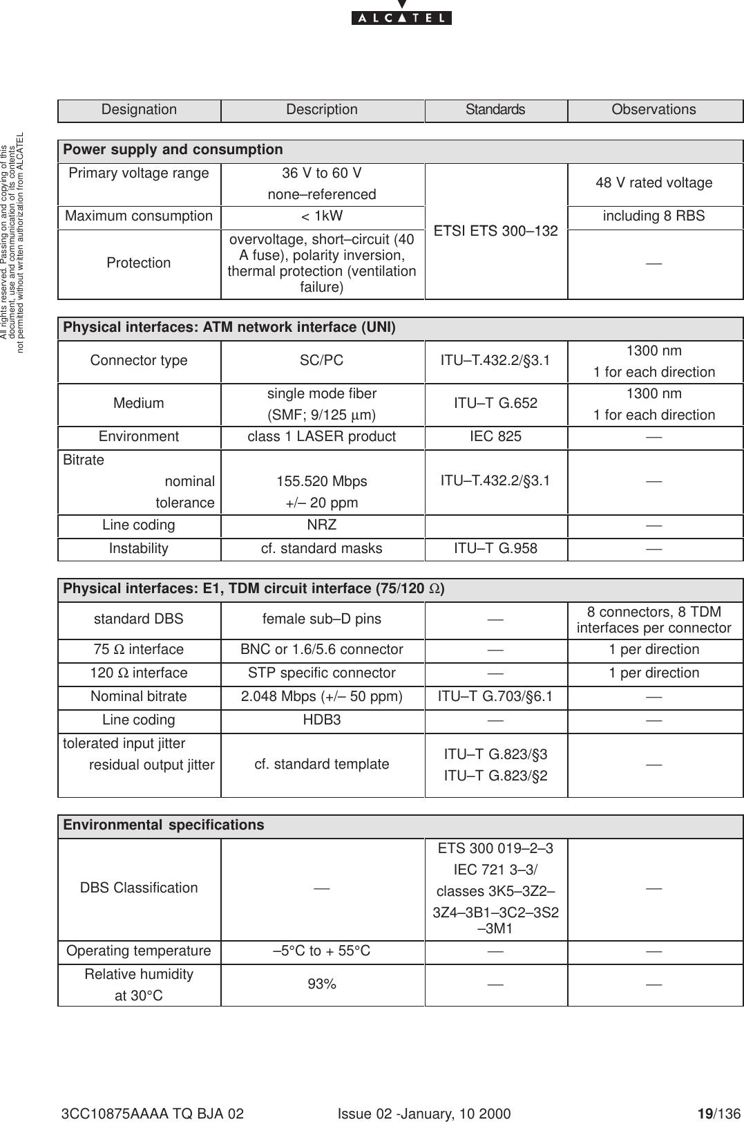 document, use and communication of its contentsnot permitted without written authorization from ALCATELAll rights reserved. Passing on and copying of thisIssue 02 -January, 10 2000 19/1363CC10875AAAA TQ BJA 02Designation Description Standards ObservationsPower supply and consumptionPrimary voltage range 36 V to 60 Vnone–referenced 48 V rated voltageMaximum consumption &lt; 1kWETSI ETS 300 132including 8 RBSProtectionovervoltage, short–circuit (40A fuse), polarity inversion,thermal protection (ventilationfailure)ETSI ETS 300–132Physical interfaces: ATM network interface (UNI)Connector type SC/PC ITU–T.432.2/§3.1 1300 nm1 for each directionMedium single mode fiber(SMF; 9/125 µm) ITU–T G.652 1300 nm1 for each directionEnvironment class 1 LASER product IEC 825 Bitratenominaltolerance155.520 Mbps+/– 20 ppmITU–T.432.2/§3.1 Line coding NRZ Instability cf. standard masks ITU–T G.958 Physical interfaces: E1, TDM circuit interface (75/120 Ω)standard DBS female sub–D pins 8 connectors, 8 TDMinterfaces per connector75 Ω interface BNC or 1.6/5.6 connector 1 per direction120 Ω interface STP specific connector 1 per directionNominal bitrate 2.048 Mbps (+/– 50 ppm) ITU–T G.703/§6.1 Line coding HDB3  tolerated input jitterresidual output jitter cf. standard template ITU–T G.823/§3ITU–T G.823/§2 Environmental specificationsDBS Classification ETS 300 019–2–3IEC 721 3–3/classes 3K5–3Z2–3Z4–3B1–3C2–3S2–3M1Operating temperature –5°C to + 55°C Relative humidityat 30°C93%  