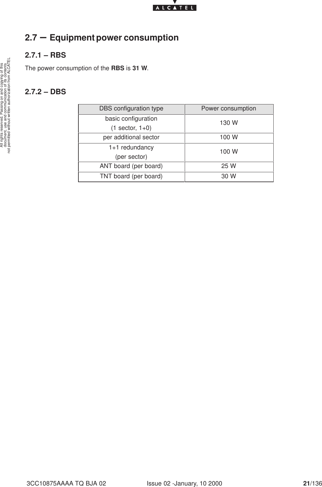 document, use and communication of its contentsnot permitted without written authorization from ALCATELAll rights reserved. Passing on and copying of thisIssue 02 -January, 10 2000 21/1363CC10875AAAA TQ BJA 022.7 –Equipment power consumption2.7.1 – RBSThe power consumption of the RBS is 31 W.2.7.2 – DBSDBS configuration type Power consumptionbasic configuration(1 sector, 1+0) 130 Wper additional sector 100 W1+1 redundancy(per sector) 100 WANT board (per board) 25 WTNT board (per board) 30 W