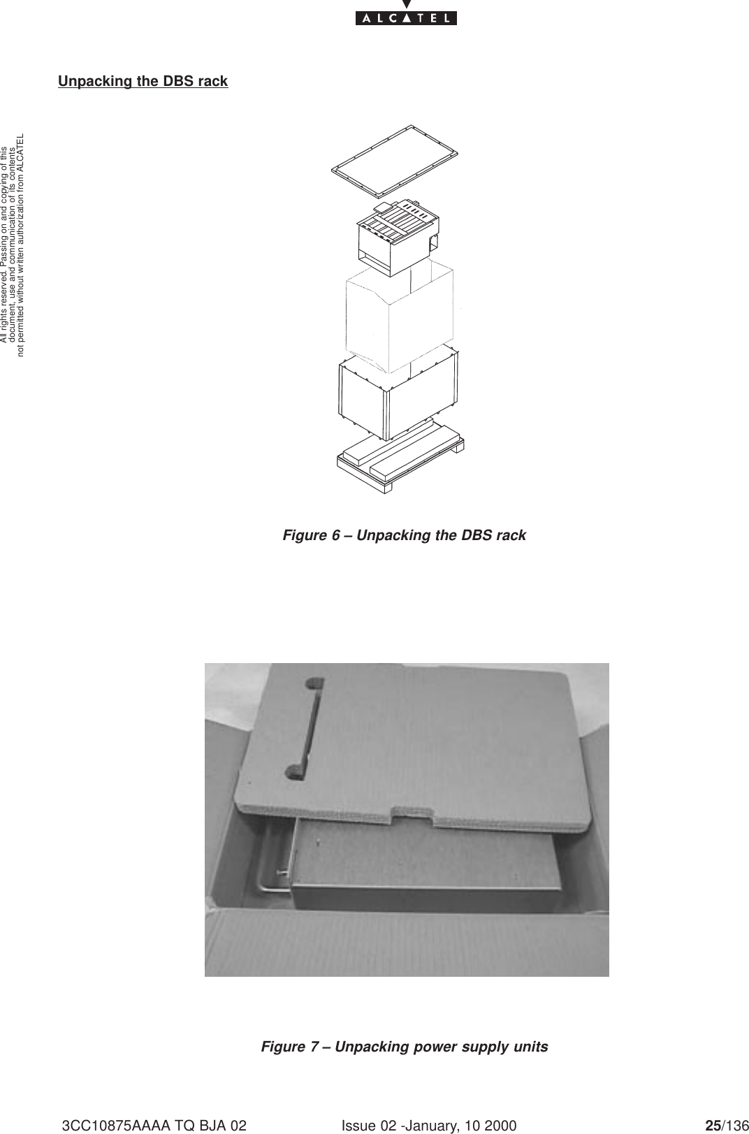 document, use and communication of its contentsnot permitted without written authorization from ALCATELAll rights reserved. Passing on and copying of thisIssue 02 -January, 10 2000 25/1363CC10875AAAA TQ BJA 02Unpacking the DBS rackFigure 6 – Unpacking the DBS rackFigure 7 – Unpacking power supply units