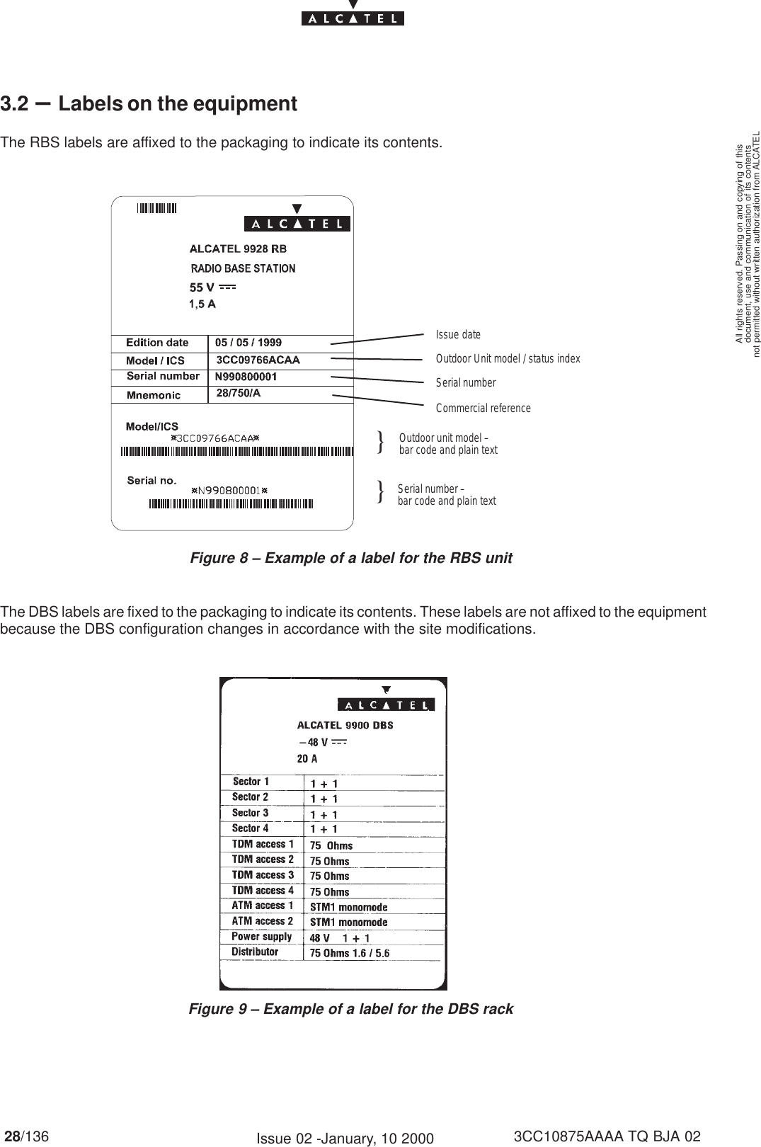 document, use and communication of its contentsnot permitted without written authorization from ALCATELAll rights reserved. Passing on and copying of this28/136 3CC10875AAAA TQ BJA 02Issue 02 -January, 10 20003.2 –Labels on the equipmentThe RBS labels are affixed to the packaging to indicate its contents.Figure 8 – Example of a label for the RBS unitIssue dateOutdoor Unit model / status indexSerial numberCommercial reference}}Outdoor unit model –  bar code and plain textSerial number –bar code and plain textThe DBS labels are fixed to the packaging to indicate its contents. These labels are not affixed to the equipmentbecause the DBS configuration changes in accordance with the site modifications.Figure 9 – Example of a label for the DBS rack