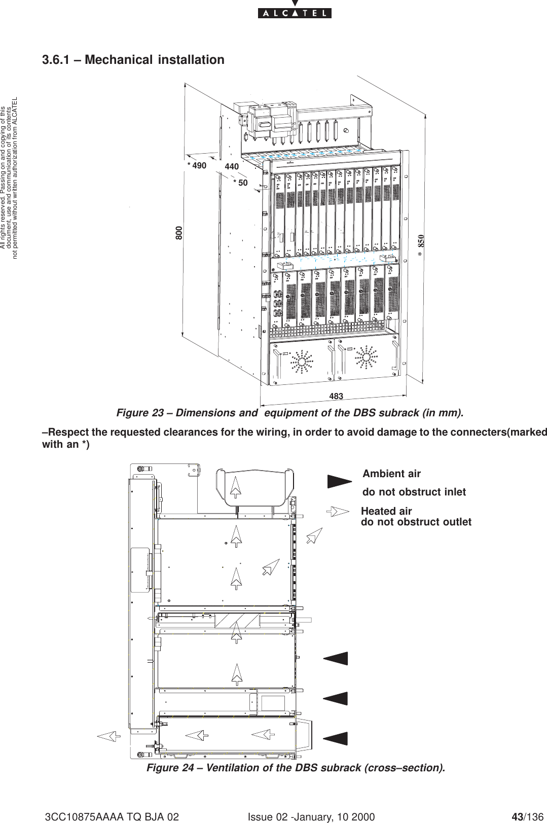 document, use and communication of its contentsnot permitted without written authorization from ALCATELAll rights reserved. Passing on and copying of thisIssue 02 -January, 10 2000 43/1363CC10875AAAA TQ BJA 023.6.1 – Mechanical installation800*  850* 490 440* 50483Figure 23 – Dimensions and  equipment of the DBS subrack (in mm).–Respect the requested clearances for the wiring, in order to avoid damage to the connecters(markedwith an *)Heated airFigure 24 – Ventilation of the DBS subrack (cross–section).do not obstruct outletAmbient airdo not obstruct inlet