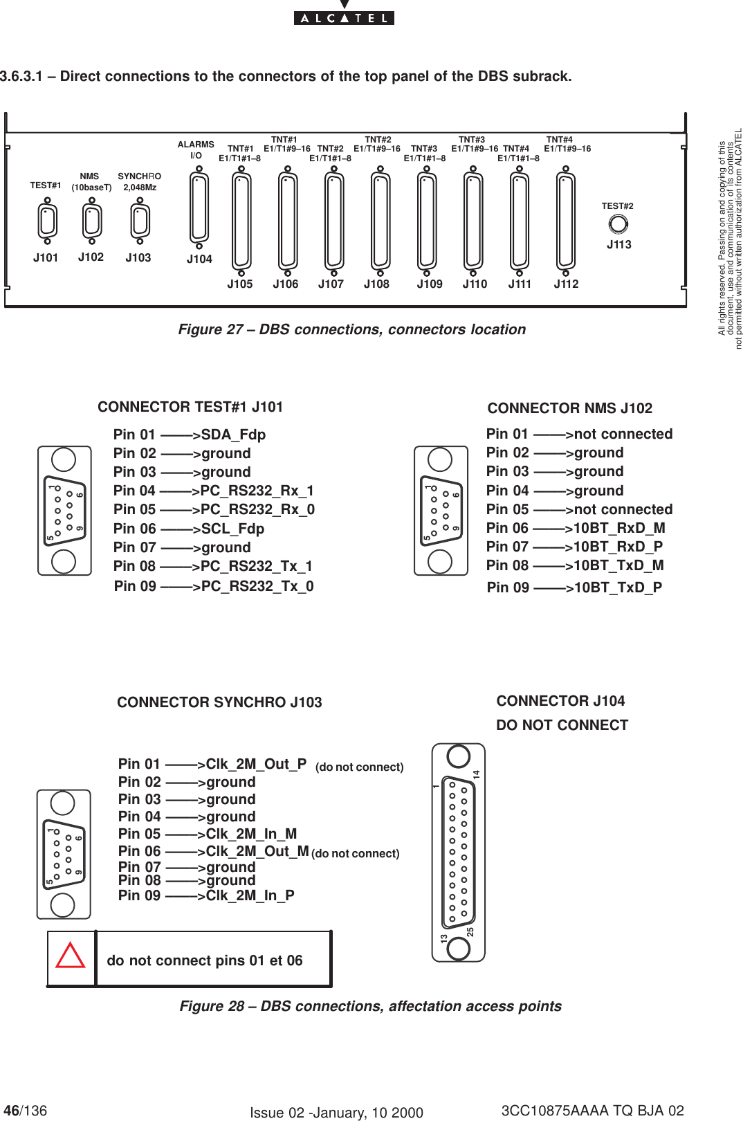 document, use and communication of its contentsnot permitted without written authorization from ALCATELAll rights reserved. Passing on and copying of this46/136 3CC10875AAAA TQ BJA 02Issue 02 -January, 10 20003.6.3.1 – Direct connections to the connectors of the top panel of the DBS subrack.TEST#1 NMS(10baseT) SYNCHRO2,048MzALARMSI/O TNT#1E1/T1#1–8TNT#1E1/T1#9–16 TNT#2E1/T1#1–8TNT#2E1/T1#9–16 TNT#3E1/T1#1–8TNT#3E1/T1#9–16 TNT#4E1/T1#1–8TNT#4E1/T1#9–16TEST#2J101 J102 J104J103J105 J106 J107 J108 J109 J110 J111 J112J113Figure 27 – DBS connections, connectors locationPin 01 ––––&gt;not connectedPin 02 ––––&gt;groundPin 03 ––––&gt;groundPin 05 ––––&gt;not connectedPin 07 ––––&gt;10BT_RxD_PPin 08 ––––&gt;10BT_TxD_MPin 04 ––––&gt;groundPin 06 ––––&gt;10BT_RxD_MCONNECTOR NMS J102Pin 01 ––––&gt;SDA_FdpPin 02 ––––&gt;groundPin 03 ––––&gt;groundPin 07 ––––&gt;groundPin 08 ––––&gt;PC_RS232_Tx_1Pin 04 ––––&gt;PC_RS232_Rx_1Pin 06 ––––&gt;SCL_FdpCONNECTOR TEST#1 J101Pin 05 ––––&gt;PC_RS232_Rx_0Pin 09 ––––&gt;PC_RS232_Tx_0 Pin 09 ––––&gt;10BT_TxD_P51695169Pin 01 ––––&gt;Clk_2M_Out_PPin 02 ––––&gt;groundPin 03 ––––&gt;groundPin 05 ––––&gt;Clk_2M_In_MPin 07 ––––&gt;groundPin 08 ––––&gt;groundPin 04 ––––&gt;groundPin 06 ––––&gt;Clk_2M_Out_MPin 09 ––––&gt;Clk_2M_In_PCONNECTOR SYNCHRO J10351691131425CONNECTOR J104(do not connect)(do not connect)do not connect pins 01 et 06Figure 28 – DBS connections, affectation access pointsDO NOT CONNECT