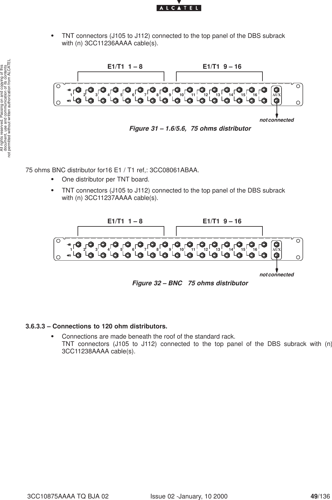 document, use and communication of its contentsnot permitted without written authorization from ALCATELAll rights reserved. Passing on and copying of thisIssue 02 -January, 10 2000 49/1363CC10875AAAA TQ BJA 02STNT connectors (J105 to J112) connected to the top panel of the DBS subrack with (n) 3CC11236AAAA cable(s).Figure 31 – 1.6/5.6,  75 ohms distributor1 2345678910111213141516 AUXE1/T1  1 – 8 E1/T1  9 – 16not connected75 ohms BNC distributor for16 E1 / T1 ref,: 3CC08061ABAA.SOne distributor per TNT board.STNT connectors (J105 to J112) connected to the top panel of the DBS subrack with (n) 3CC11237AAAA cable(s).Figure 32 – BNC   75 ohms distributor1 2345678910111213141516 AUXE1/T1  1 – 8 E1/T1  9 – 16not connected3.6.3.3 – Connections to 120 ohm distributors.SConnections are made beneath the roof of the standard rack.                          TNT connectors (J105 to J112) connected to the top panel of the DBS subrack with (n)3CC11238AAAA cable(s).