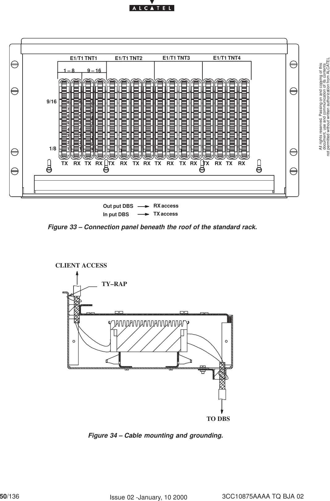 document, use and communication of its contentsnot permitted without written authorization from ALCATELAll rights reserved. Passing on and copying of this50/136 3CC10875AAAA TQ BJA 02Issue 02 -January, 10 2000Figure 33 – Connection panel beneath the roof of the standard rack.123456781/89/16901112345678112131415161 – 8 9 – 16E1/T1 TNT1 E1/T1 TNT2 E1/T1 TNT3 E1/T1 TNT4TX    RX   TX   RX    TX    RX    TX   RX   TX    RX    TX   RX    TX    RX   TX    RXOut put DBSIn put DBSRX accessTX accessFigure 34 – Cable mounting and grounding.TY–RAPCLIENT ACCESSTO DBS