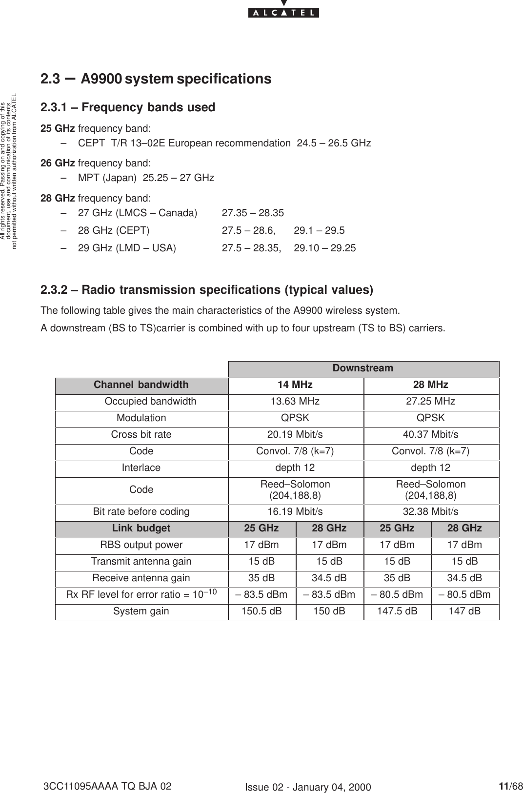 document, use and communication of its contentsnot permitted without written authorization from ALCATELAll rights reserved. Passing on and copying of this11/683CC11095AAAA TQ BJA 02 Issue 02 - January 04, 20002.3 –A9900 system specifications2.3.1 – Frequency bands used25 GHz frequency band:– CEPT  T/R 13–02E European recommendation  24.5 – 26.5 GHz26 GHz frequency band:– MPT (Japan)  25.25 – 27 GHz28 GHz frequency band:– 27 GHz (LMCS – Canada)  27.35 – 28.35– 28 GHz (CEPT) 27.5 – 28.6,  29.1 – 29.5– 29 GHz (LMD – USA) 27.5 – 28.35,  29.10 – 29.252.3.2 – Radio transmission specifications (typical values)The following table gives the main characteristics of the A9900 wireless system.A downstream (BS to TS)carrier is combined with up to four upstream (TS to BS) carriers.DownstreamChannel bandwidth 14 MHz 28 MHzOccupied bandwidth 13.63 MHz 27.25 MHzModulation QPSK QPSKCross bit rate 20.19 Mbit/s 40.37 Mbit/sCode Convol. 7/8 (k=7) Convol. 7/8 (k=7)Interlace depth 12 depth 12Code Reed–Solomon(204,188,8) Reed–Solomon(204,188,8)Bit rate before coding 16.19 Mbit/s 32.38 Mbit/sLink budget 25 GHz 28 GHz 25 GHz 28 GHzRBS output power 17 dBm 17 dBm 17 dBm 17 dBmTransmit antenna gain 15 dB 15 dB 15 dB 15 dBReceive antenna gain 35 dB 34.5 dB 35 dB 34.5 dBRx RF level for error ratio = 10–10 – 83.5 dBm – 83.5 dBm – 80.5 dBm – 80.5 dBmSystem gain 150.5 dB 150 dB 147.5 dB 147 dB