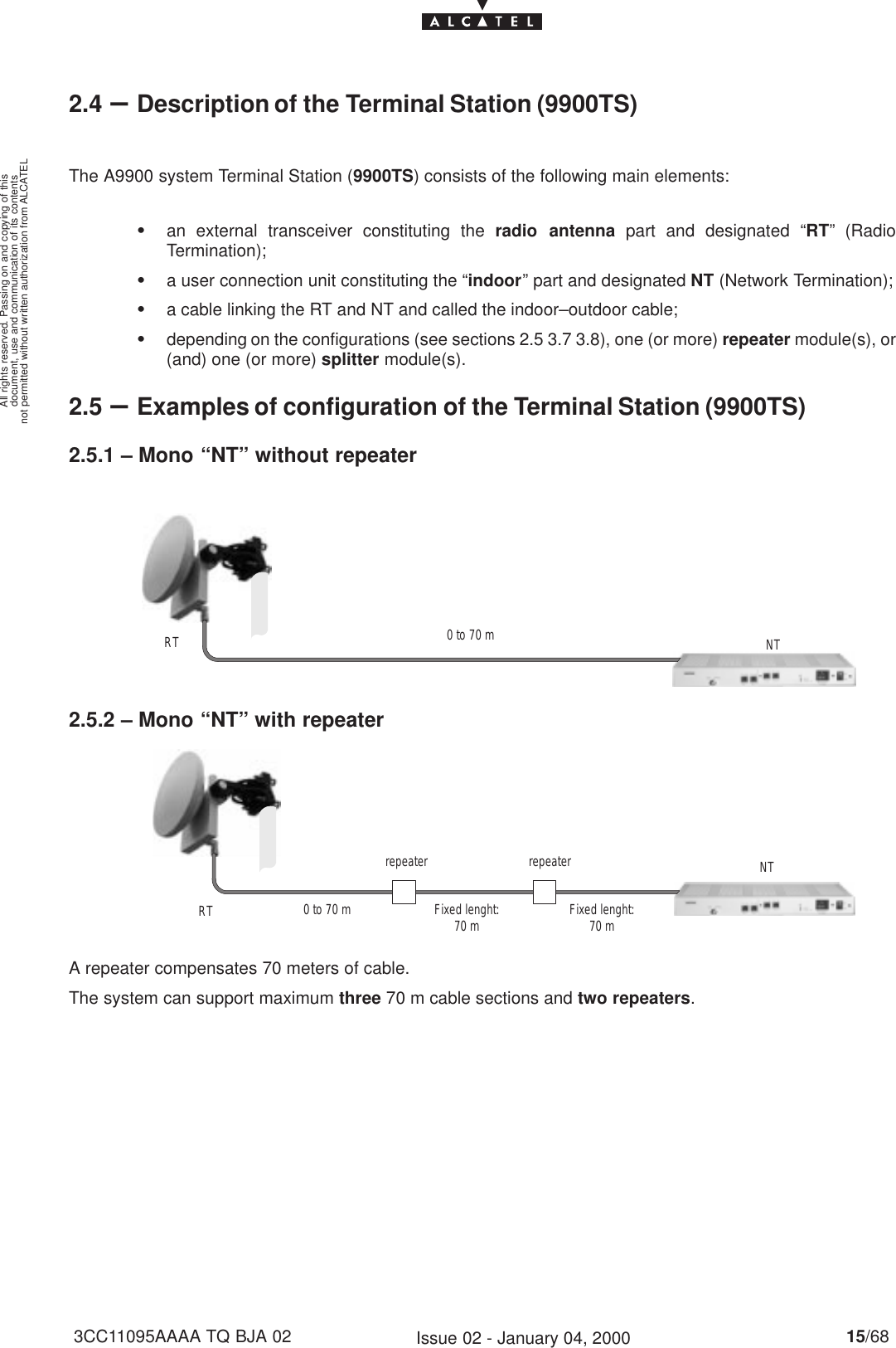 document, use and communication of its contentsnot permitted without written authorization from ALCATELAll rights reserved. Passing on and copying of this15/683CC11095AAAA TQ BJA 02 Issue 02 - January 04, 20002.4 –Description of the Terminal Station (9900TS)The A9900 system Terminal Station (9900TS) consists of the following main elements:San external transceiver constituting the radio antenna part and designated “RT” (RadioTermination);Sa user connection unit constituting the “indoor” part and designated NT (Network Termination);Sa cable linking the RT and NT and called the indoor–outdoor cable;Sdepending on the configurations (see sections 2.5 3.7 3.8), one (or more) repeater module(s), or(and) one (or more) splitter module(s).2.5 –Examples of configuration of the Terminal Station (9900TS)2.5.1 – Mono “NT” without repeater0 to 70 mRT NT2.5.2 – Mono “NT” with repeaterrepeater repeater0 to 70 mRTNTFixed lenght:70 m Fixed lenght:70 mA repeater compensates 70 meters of cable.The system can support maximum three 70 m cable sections and two repeaters.