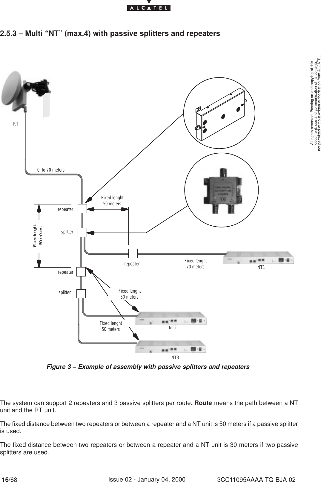 document, use and communication of its contentsnot permitted without written authorization from ALCATELAll rights reserved. Passing on and copying of this16/68 3CC11095AAAA TQ BJA 02Issue 02 - January 04, 20002.5.3 – Multi “NT” (max.4) with passive splitters and repeatersFigure 3 – Example of assembly with passive splitters and repeatersrepeaterRTNTNT10  to 70 meterssplitterNT2NT3Fixed lenght50 mètersFixed lenght50 metersrepeatersplitterrepeaterFixed lenght50 metersFixed lenght50 metersFixed lenght70 metersThe system can support 2 repeaters and 3 passive splitters per route. Route means the path between a NTunit and the RT unit.The fixed distance between two repeaters or between a repeater and a NT unit is 50 meters if a passive splitteris used.The fixed distance between two repeaters or between a repeater and a NT unit is 30 meters if two passivesplitters are used.