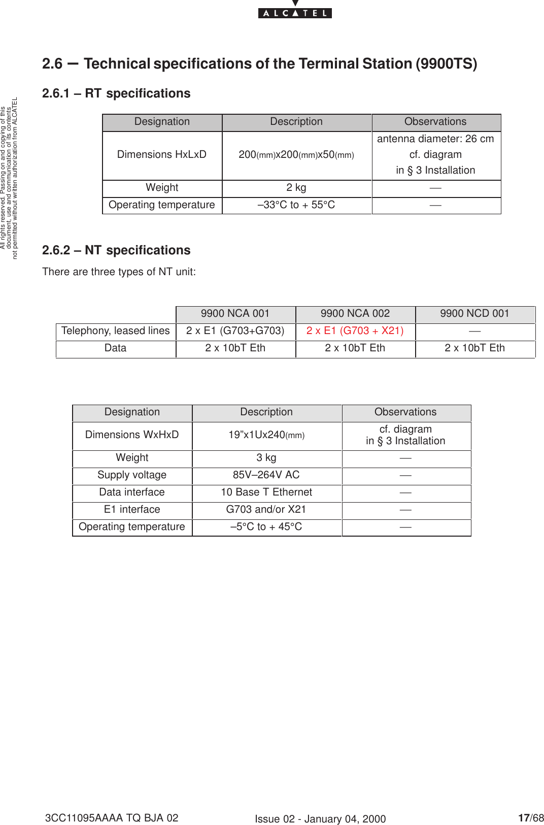 document, use and communication of its contentsnot permitted without written authorization from ALCATELAll rights reserved. Passing on and copying of this17/683CC11095AAAA TQ BJA 02 Issue 02 - January 04, 20002.6 –Technical specifications of the Terminal Station (9900TS)2.6.1 – RT specificationsDesignation Description ObservationsDimensions HxLxD 200(mm)x200(mm)x50(mm)antenna diameter: 26 cmcf. diagramin § 3 InstallationWeight 2 kg Operating temperature –33°C to + 55°C2.6.2 – NT specificationsThere are three types of NT unit:9900 NCA 001 9900 NCA 002 9900 NCD 001Telephony, leased lines 2 x E1 (G703+G703) 2 x E1 (G703 + X21) Data 2 x 10bT Eth 2 x 10bT Eth 2 x 10bT EthDesignation Description ObservationsDimensions WxHxD 19”x1Ux240(mm) cf. diagramin § 3 InstallationWeight 3 kg Supply voltage 85V–264V AC Data interface 10 Base T Ethernet E1 interface G703 and/or X21 Operating temperature –5°C to + 45°C