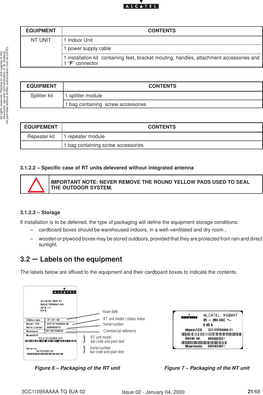 document, use and communication of its contentsnot permitted without written authorization from ALCATELAll rights reserved. Passing on and copying of this21/683CC11095AAAA TQ BJA 02 Issue 02 - January 04, 2000EQUIPMENT CONTENTSNT UNIT 1 Indoor Unit1 power supply cable1 installation kit  containing feet, bracket mouting, handles, attachment accessories and1 installation kit  containing feet, bracket mouting, handles, attachment accessories and1 “F” connectorEQUIPMENT CONTENTSSplitter kit 1 splitter module1 bag containing  screw accessoriesEQUIPEMENT CONTENTSRepeater kit 1 repeater module1 bag containing screw accessories3.1.2.2 – Specific case of RT units delevered without integrated antennaIMPORTANT NOTE: NEVER REMOVE THE ROUND YELLOW PADS USED TO SEALTHE OUTDOOR SYSTEM.3.1.2.3 – StorageIf installation is to be deferred, the type of packaging will define the equipment storage conditions:– cardboard boxes should be warehoused indoors, in a well–ventilated and dry room ,– wooden or plywood boxes may be stored outdoors, provided that they are protected from rain and directsunlight.3.2 –Labels on the equipmentThe labels below are affixed to the equipment and their cardboard boxes to indicate the contents.Figure 6 – Packaging of the RT unit                              Figure 7 – Packaging of the NT unit}}Issue dateSerial numberCommercial referenceRT unit modelbar code and plain textSerial numberbar code and plain textRT unit model / status index