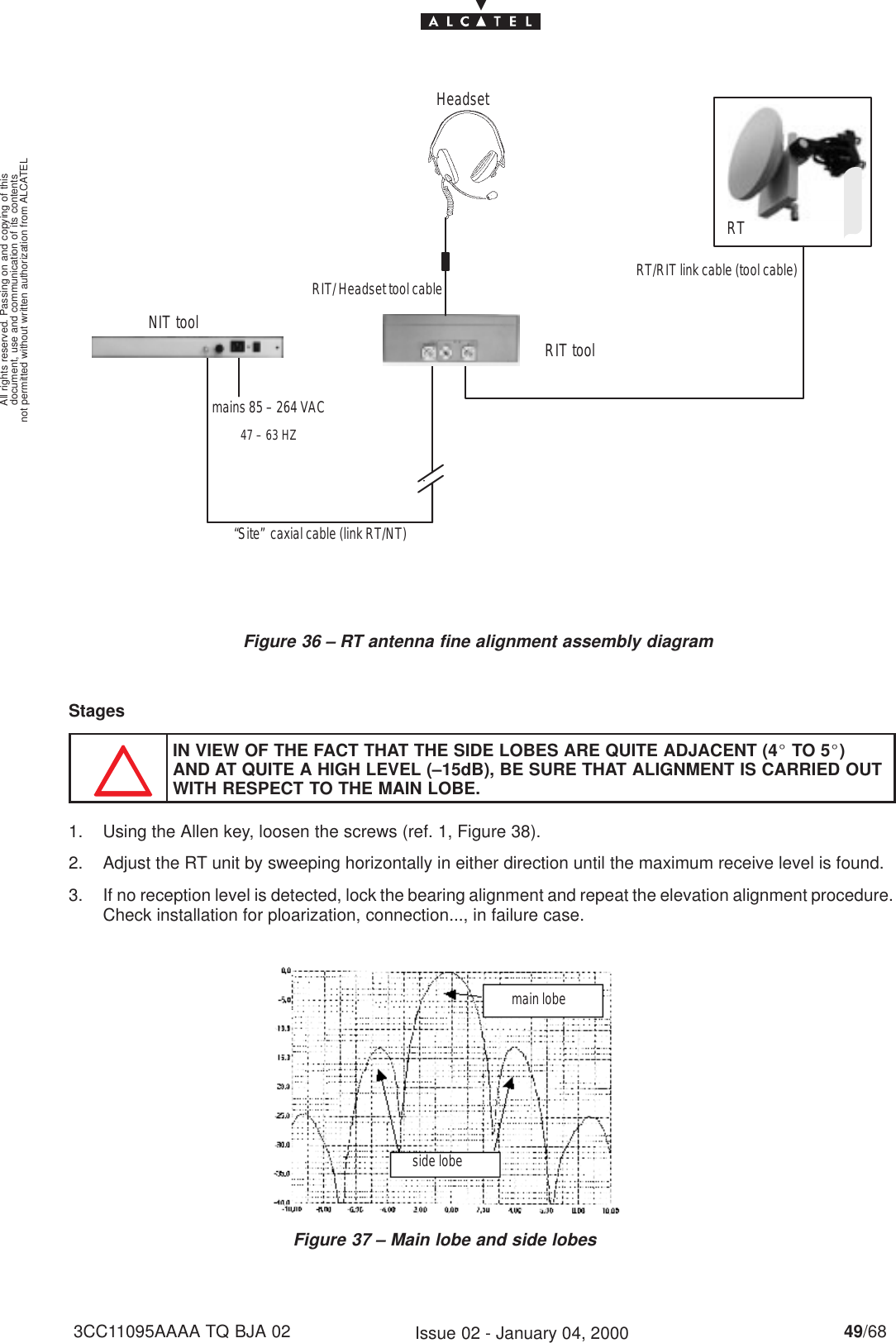 document, use and communication of its contentsnot permitted without written authorization from ALCATELAll rights reserved. Passing on and copying of this49/683CC11095AAAA TQ BJA 02 Issue 02 - January 04, 2000Figure 36 – RT antenna fine alignment assembly diagram RT/RIT link cable (tool cable)“Site”  caxial cable (link RT/NT)mains 85 – 264 VAC47 – 63 HZNIT tool  RIT toolRTHeadsetRIT/ Headset tool cableStagesIN VIEW OF THE FACT THAT THE SIDE LOBES ARE QUITE ADJACENT (4_ TO 5_)AND AT QUITE A HIGH LEVEL (–15dB), BE SURE THAT ALIGNMENT IS CARRIED OUTWITH RESPECT TO THE MAIN LOBE.1. Using the Allen key, loosen the screws (ref. 1, Figure 38).2. Adjust the RT unit by sweeping horizontally in either direction until the maximum receive level is found.3. If no reception level is detected, lock the bearing alignment and repeat the elevation alignment procedure.Check installation for ploarization, connection..., in failure case.Figure 37 – Main lobe and side lobesmain lobeside lobe