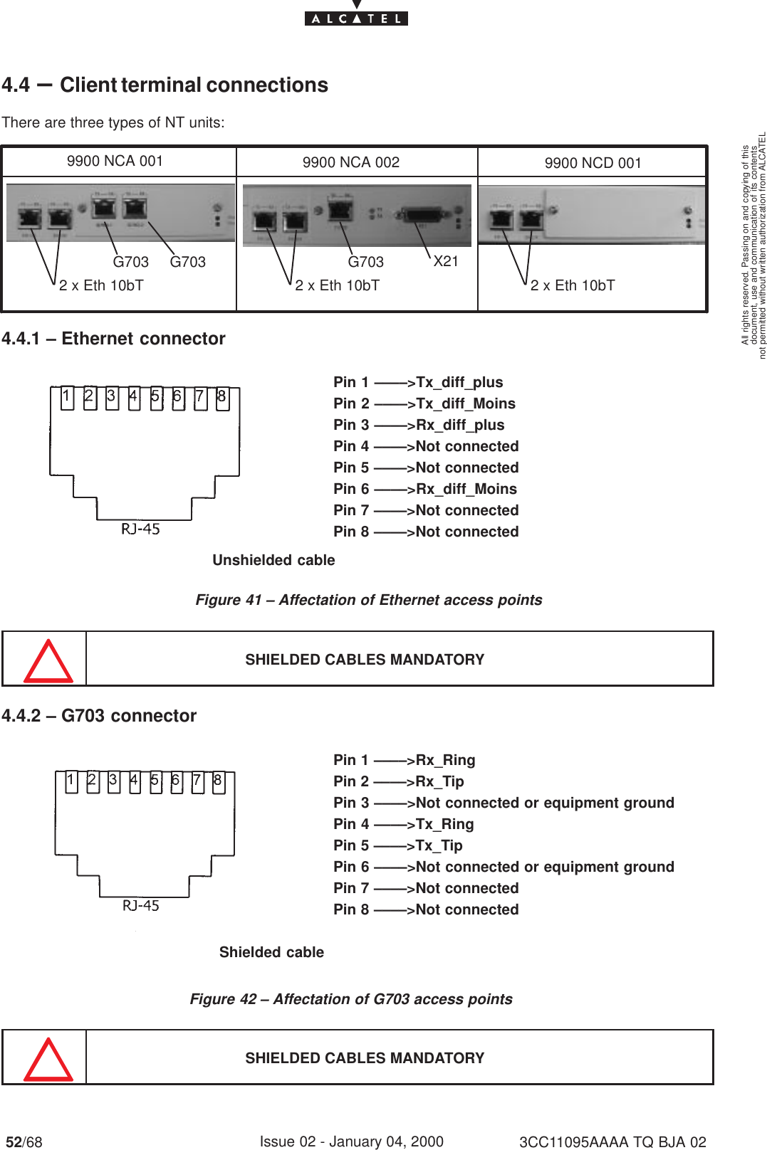 document, use and communication of its contentsnot permitted without written authorization from ALCATELAll rights reserved. Passing on and copying of this52/68 3CC11095AAAA TQ BJA 02Issue 02 - January 04, 20004.4 –Client terminal connectionsThere are three types of NT units:9900 NCA 001 9900 NCD 0012 x Eth 10bT 2 x Eth 10bT 2 x Eth 10bTG703 G703 G7039900 NCA 002X214.4.1 – Ethernet connectorFigure 41 – Affectation of Ethernet access pointsPin 1 ––––&gt;Tx_diff_plusPin 2 ––––&gt;Tx_diff_MoinsPin 3 ––––&gt;Rx_diff_plusPin 4 ––––&gt;Not connectedPin 5 ––––&gt;Not connectedPin 6 ––––&gt;Rx_diff_MoinsPin 7 ––––&gt;Not connectedPin 8 ––––&gt;Not connectedUnshielded cable                                    SHIELDED CABLES MANDATORY4.4.2 – G703 connectorFigure 42 – Affectation of G703 access pointsPin 1 ––––&gt;Rx_RingPin 2 ––––&gt;Rx_TipPin 3 ––––&gt;Not connected or equipment groundPin 5 ––––&gt;Tx_TipPin 7 ––––&gt;Not connectedPin 8 ––––&gt;Not connectedPin 4 ––––&gt;Tx_RingPin 6 ––––&gt;Not connected or equipment groundShielded cable                                    SHIELDED CABLES MANDATORY