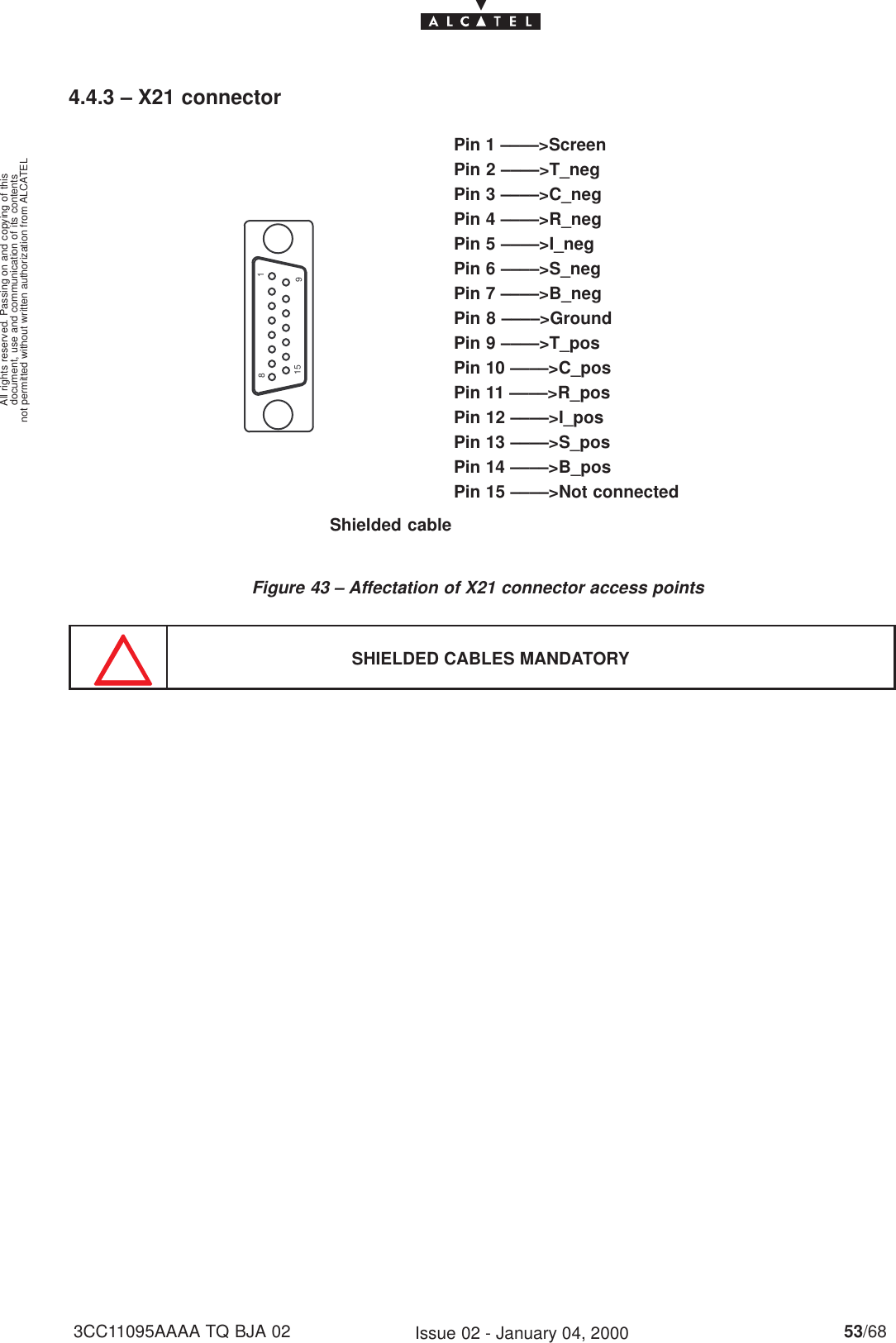 document, use and communication of its contentsnot permitted without written authorization from ALCATELAll rights reserved. Passing on and copying of this53/683CC11095AAAA TQ BJA 02 Issue 02 - January 04, 20004.4.3 – X21 connectorFigure 43 – Affectation of X21 connector access pointsPin 1 ––––&gt;ScreenPin 2 ––––&gt;T_negPin 3 ––––&gt;C_negPin 5 ––––&gt;I_negPin 7 ––––&gt;B_negPin 8 ––––&gt;GroundPin 4 ––––&gt;R_negPin 6 ––––&gt;S_negPin 9 ––––&gt;T_posPin 10 ––––&gt;C_posPin 12 ––––&gt;I_posPin 14 ––––&gt;B_posPin 15 ––––&gt;Not connectedPin 11 ––––&gt;R_posPin 13 ––––&gt;S_posShielded cable11589                                    SHIELDED CABLES MANDATORY