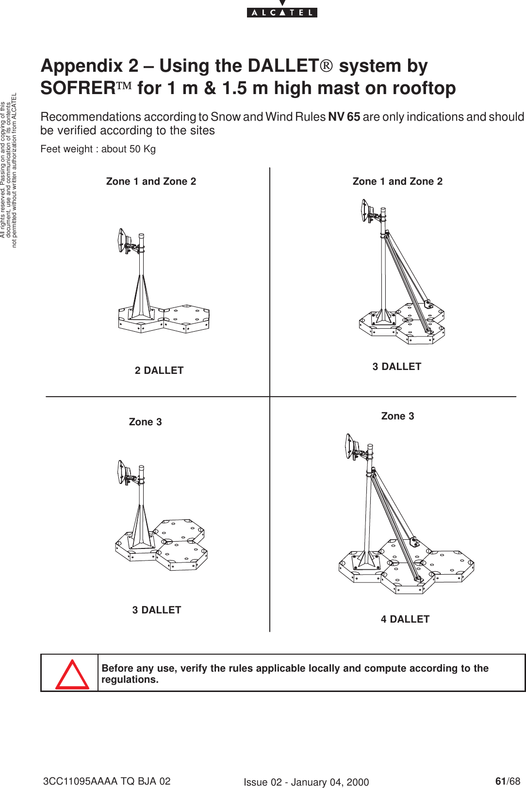 document, use and communication of its contentsnot permitted without written authorization from ALCATELAll rights reserved. Passing on and copying of this61/683CC11095AAAA TQ BJA 02 Issue 02 - January 04, 2000Appendix 2 – Using the DALLET system bySOFRER for 1 m &amp; 1.5 m high mast on rooftopRecommendations according to Snow and Wind Rules NV 65 are only indications and shouldbe verified according to the sitesFeet weight : about 50 Kg2 DALLETZone 1 and Zone 2 Zone 1 and Zone 2Zone 3 Zone 33 DALLET3 DALLET 4 DALLETBefore any use, verify the rules applicable locally and compute according to theregulations.