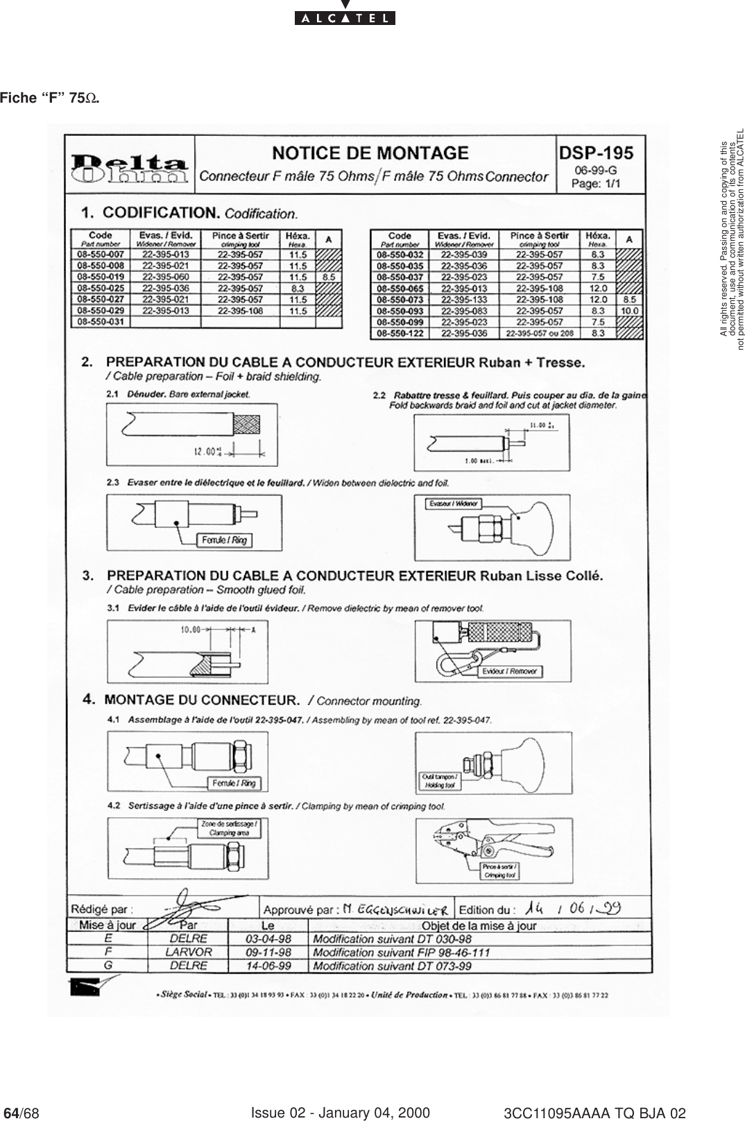 document, use and communication of its contentsnot permitted without written authorization from ALCATELAll rights reserved. Passing on and copying of this64/68 3CC11095AAAA TQ BJA 02Issue 02 - January 04, 2000Fiche “F” 75Ω.