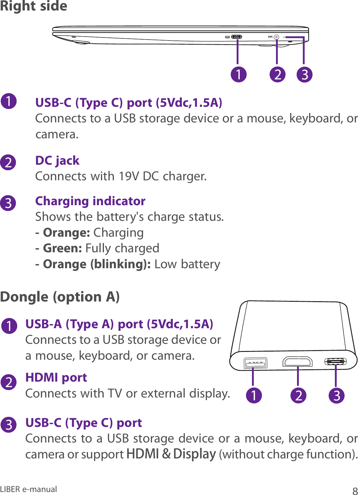 8LIBER e-manualRight sideDC jackConnects with 19V DC charger.Charging indicatorShows the battery&apos;s charge status.- Orange: Charging- Green: Fully charged- Orange (blinking): Low batteryUSB-C (Type C) port (5Vdc,1.5A)Connects to a USB storage device or a mouse, keyboard, or camera.Dongle (option A)USB-A (Type A) port (5Vdc,1.5A)Connects to a USB storage device or a mouse, keyboard, or camera.HDMI portConnects with TV or external display.USB-C (Type C) port Connects to a USB storage device or a mouse, keyboard, or camera or support HDMI &amp; Display (without charge function).