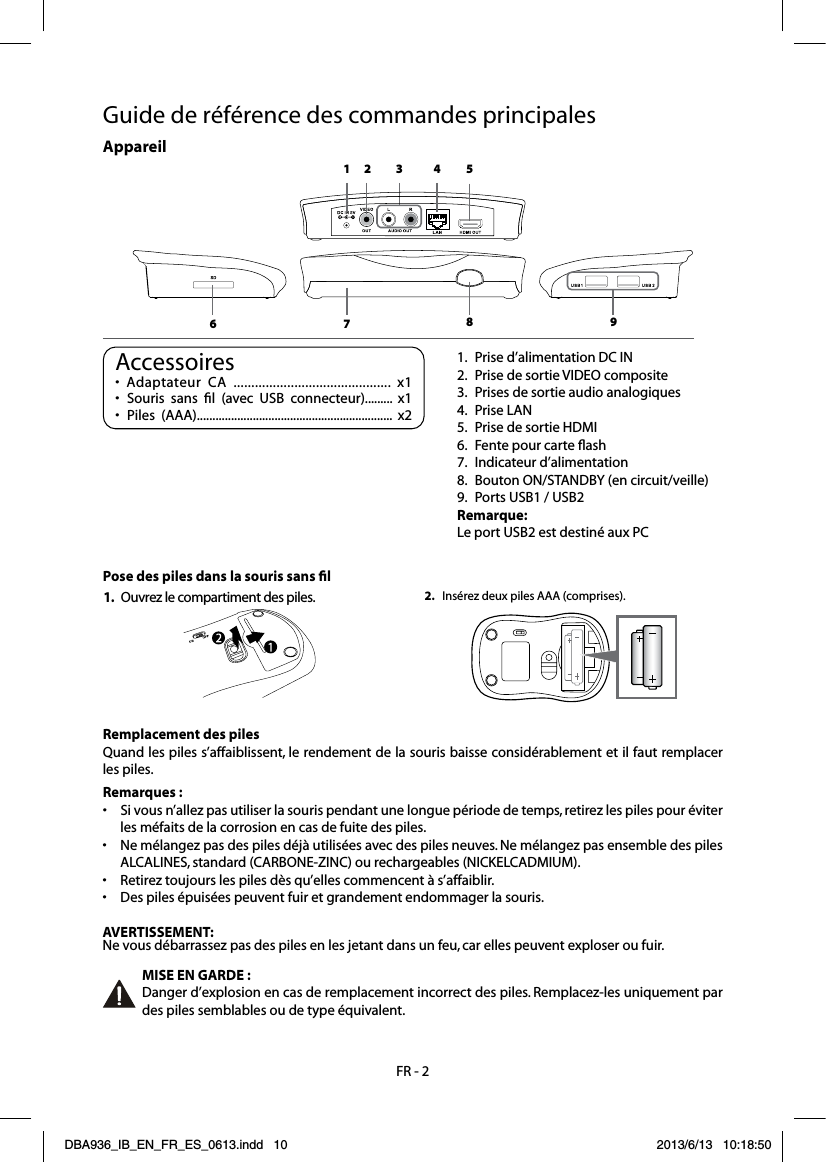Guidederéférencedescommandesprincipales1.   Prise d’alimentation DC IN2. PrisedesortieVIDEOcomposite3.   Prises de sortie audio analogiques4. PriseLAN5.   Prise de sortie HDMI 6.   Fente pour carte ﬂash7.   Indicateur d’alimentation8. BoutonON/STANDBY(encircuit/veille)9. PortsUSB1/USB2Remarque:Le port USB2 est destiné aux PC Accessoires• Adaptateur CA ............................................ x1•Souris sans l (avec USB connecteur)......... x1• Piles (AAA)............................................................... x2Appareil1 2 3 4 56 7 8 9Remplacement des pilesQuandlespiless’affaiblissent,lerendementdelasourisbaisseconsidérablementetilfautremplacerles piles.Remarques :• Sivousn’allezpasutiliserlasourispendantunelonguepériodedetemps,retirezlespilespouréviterles méfaits de la corrosion en cas de fuite des piles.• Nemélangezpasdespilesdéjàutiliséesavecdespilesneuves.NemélangezpasensembledespilesALCALINES,standard(CARBONE-ZINC)ourechargeables(NICKELCADMIUM).• Retireztoujourslespilesdèsqu’ellescommencentàs’affaiblir.• Despilesépuiséespeuventfuiretgrandementendommagerlasouris.AVERTISSEMENT:Ne vous débarrassez pas des piles en les jetant dans un feu, car elles peuvent exploser ou fuir.MISE EN GARDE :Danger d’explosion en cas de remplacement incorrect des piles. Remplacez-les uniquement par des piles semblables ou de type équivalent.Pose des piles dans la souris sans ﬁl2. InsérezdeuxpilesAAA(comprises).1.   Ouvrez le compartiment des piles.FR - 2DBA936_IB_EN_FR_ES_0613.indd   10 2013/6/13   10:18:50