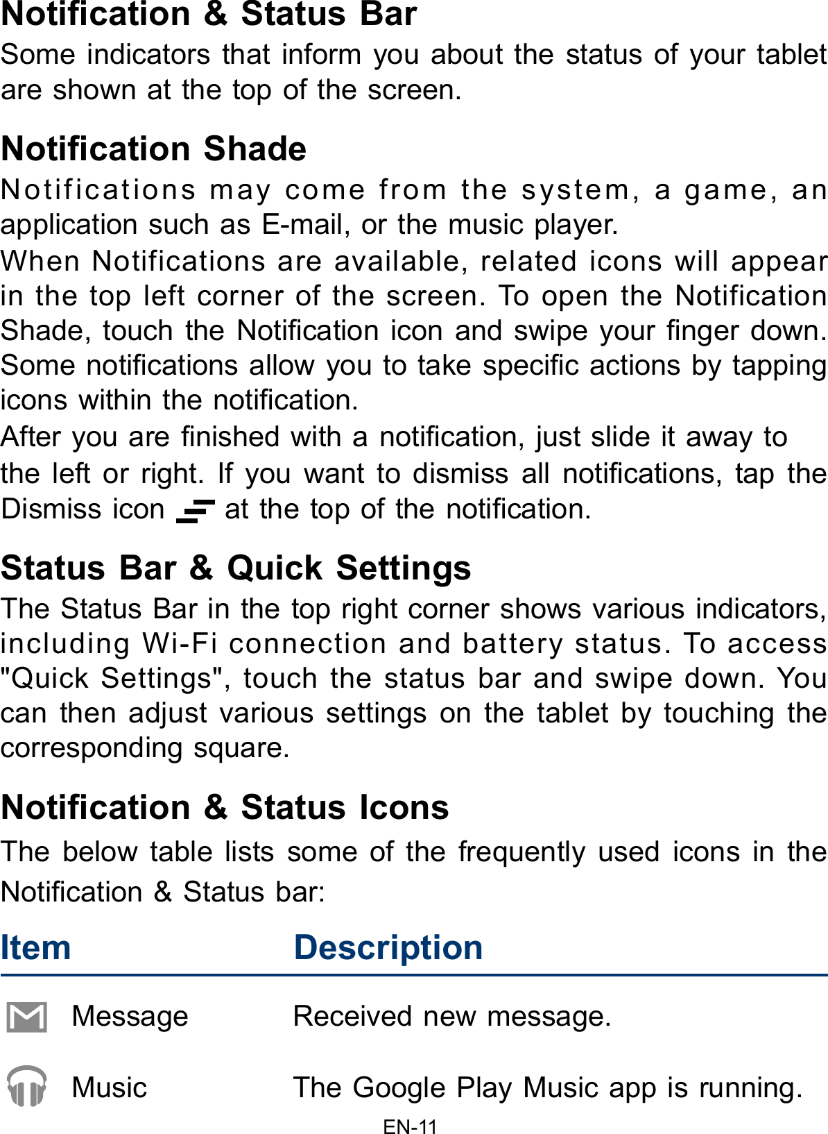 EN-11Notication &amp; Status BarSome indicators that inform you about the status of your tablet are shown at the top of the screen.Notication ShadeNotifications may come from the system, a game, an application such as E-mail, or the music player.When Notifications are available, related icons will appear in the top left corner of the screen. To open the Notification Shade, touch  the Notication icon  and swipe your  nger  down. Some notications allow you to take specic actions by tapping icons within the notication.After you are nished with a notication, just slide it away to the  left  or  right.  If  you  want  to  dismiss  all  notications,  tap  the Dismiss icon   at the top of the notication.Status Bar &amp; Quick SettingsThe Status Bar in the top right corner shows various indicators, including Wi-Fi connection and battery status. To access &quot;Quick Settings&quot;, touch the status bar and swipe down. You can then adjust various settings on the tablet by touching the corresponding square.Notication &amp; Status IconsThe below table lists some of the frequently used icons in the Notication &amp; Status bar:Message  Received new message.Music  The Google Play Music app is running.Item Description