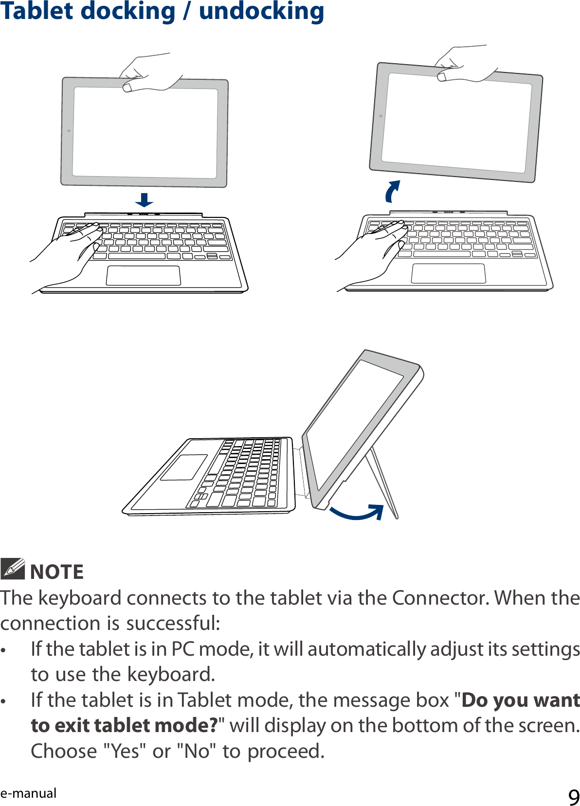 e-manual 9 NOTEThe keyboard connects to the tablet via the Connector. When the connection is successful: •  If the tablet is in PC mode, it will automatically adjust its settings to use the keyboard.•  If the tablet is in Tablet mode, the message box &quot;Do you want to exit tablet mode?&quot; will display on the bottom of the screen. Choose &quot;Yes&quot; or &quot;No&quot; to proceed.Tablet docking / undocking