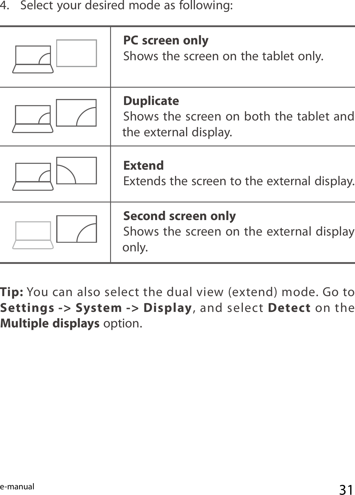 e-manual 314.  Select your desired mode as following: PC screen onlyShows the screen on the tablet only.DuplicateShows the screen on both the tablet and the external display.Second screen onlyShows the screen on the external display only.ExtendExtends the screen to the external display.Tip: You can also select the  dual view (extend) mode. Go to Settings -&gt; System -&gt; Display, and select Detect on the Multiple displays option.